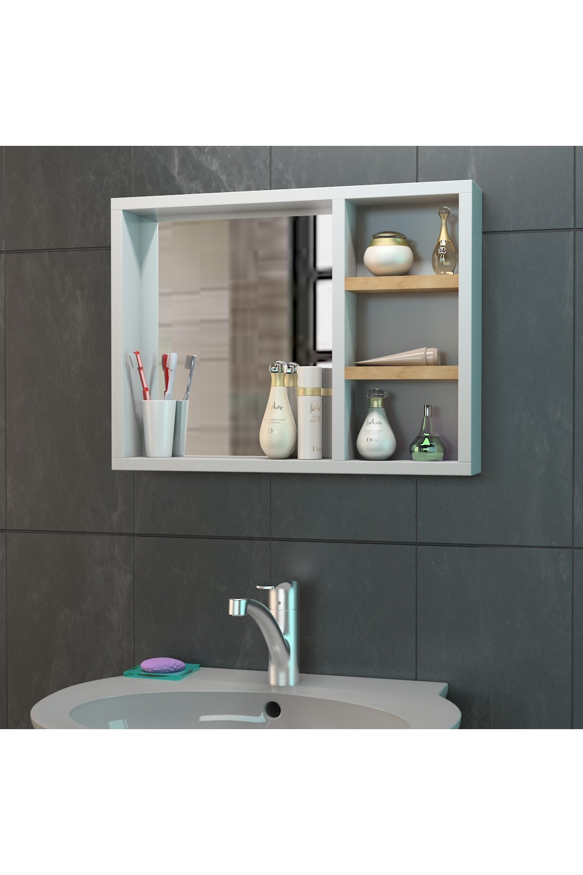 Banyo Aynası/ Lavabo Aynası / Aynalı Banyo Dolabı /flora Riva 45*60 Cm (BEYAZ MEŞE)