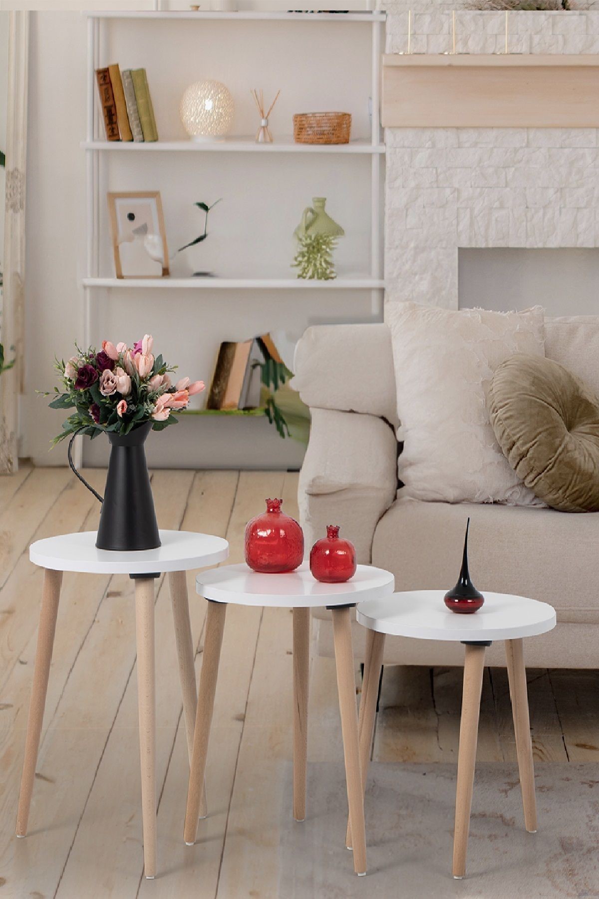 Zigon Sehpa / Üçlü Sehpa / Servis Sehpası /dekoratif Sehpa / Floara Ring (BEYAZ)