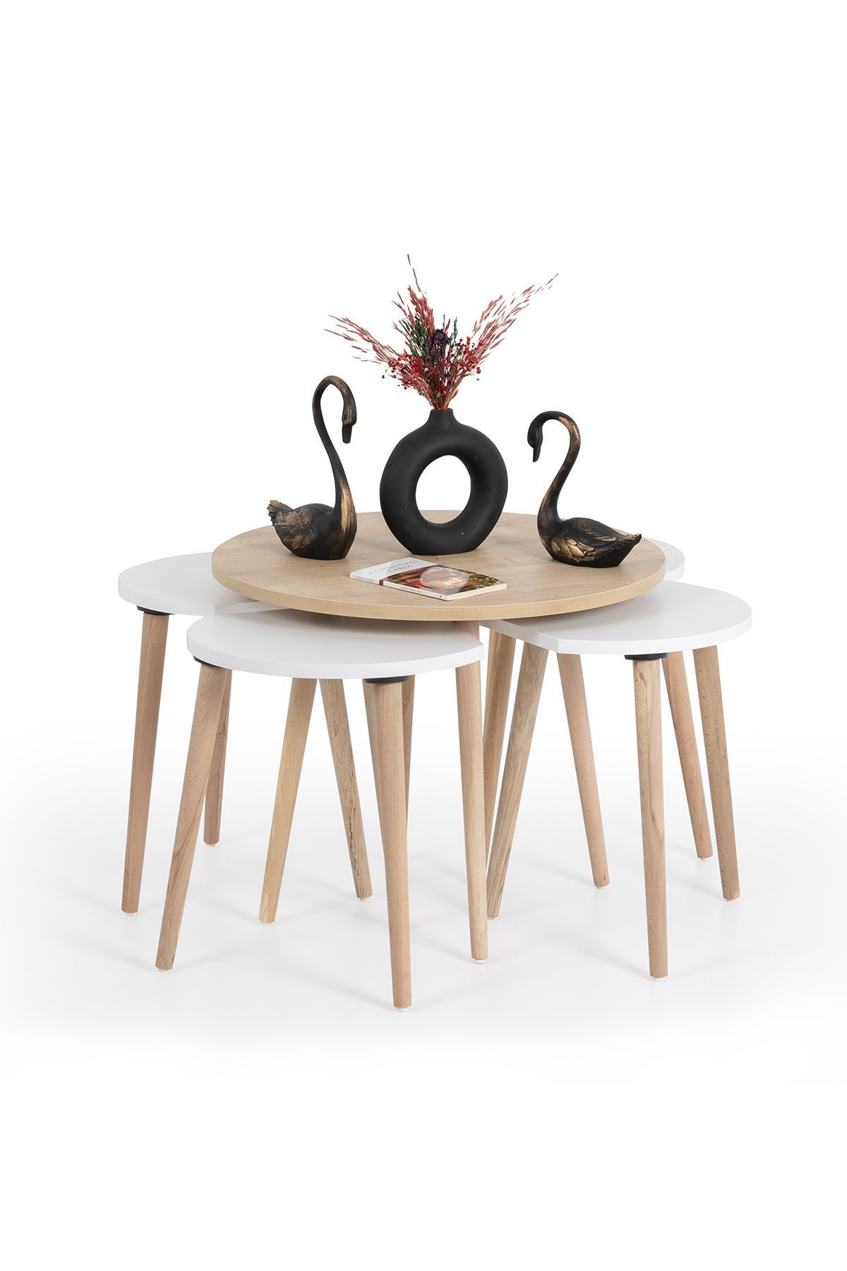 Orta Sehpa / Sehpa Seti / Sehpa Takımı / 5 Parça / Flora Pissa (MEŞE-BEYAZ)