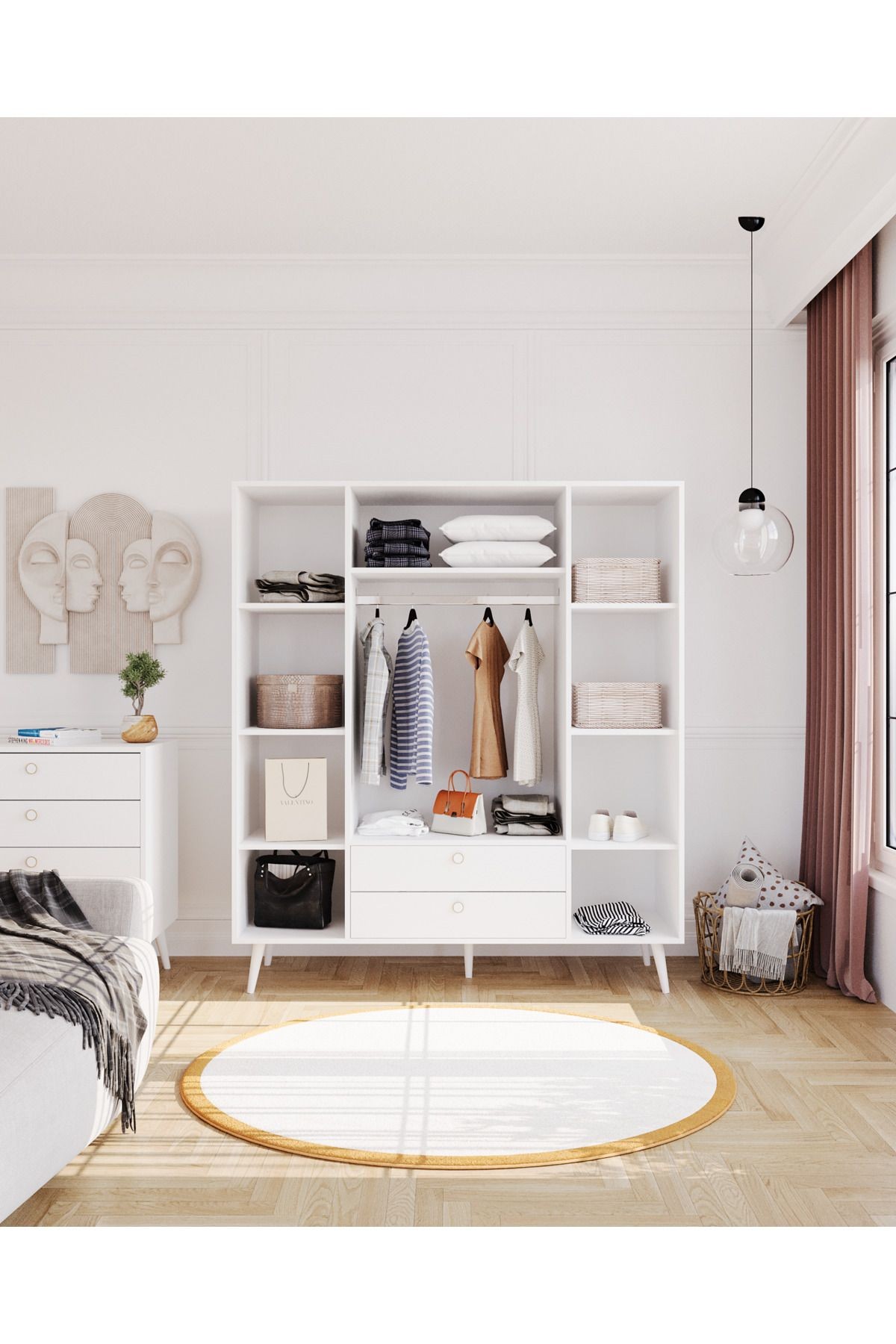 Tema Elbise Dolabı 4 Kapaklı Çekmeceli Dolap Gardırop /beyaz
