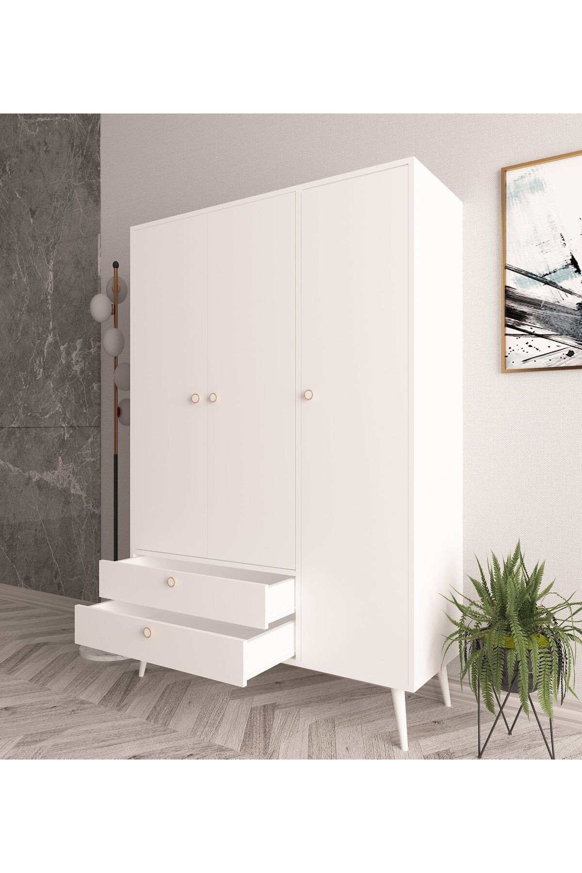 Tema Elbise Dolabı Üç Kapaklı Çekmeceli Dolap Gardırop