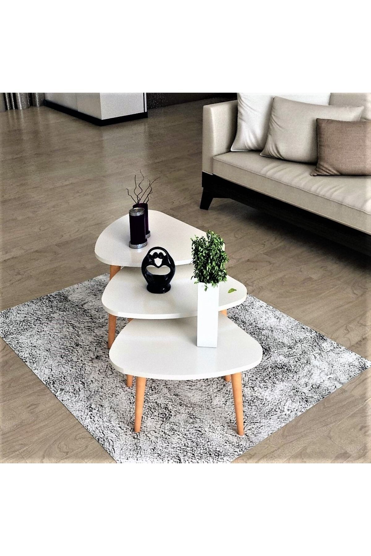 Flora Roll Sehpa Ahşap Ayaklı Üçlü Zigon (beyaz)