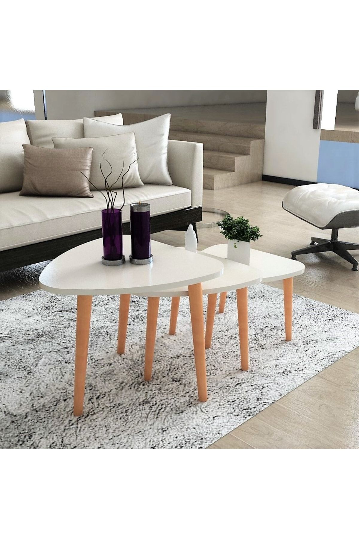 Flora Roll Sehpa Ahşap Ayaklı Üçlü Zigon (beyaz)