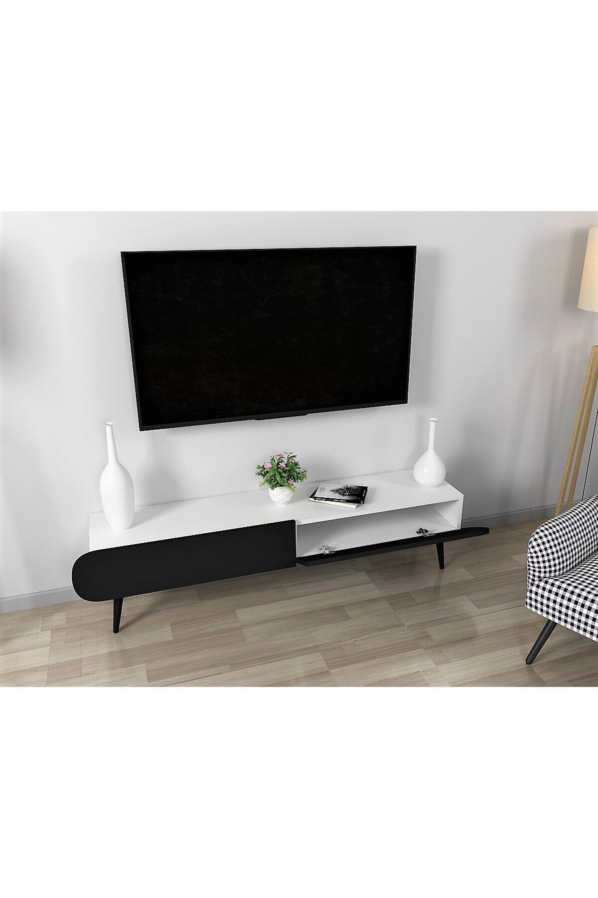 Flora Dia Dekoratiif Tv Ünitesi 150 Cm (BEYAZ-SİYAH)