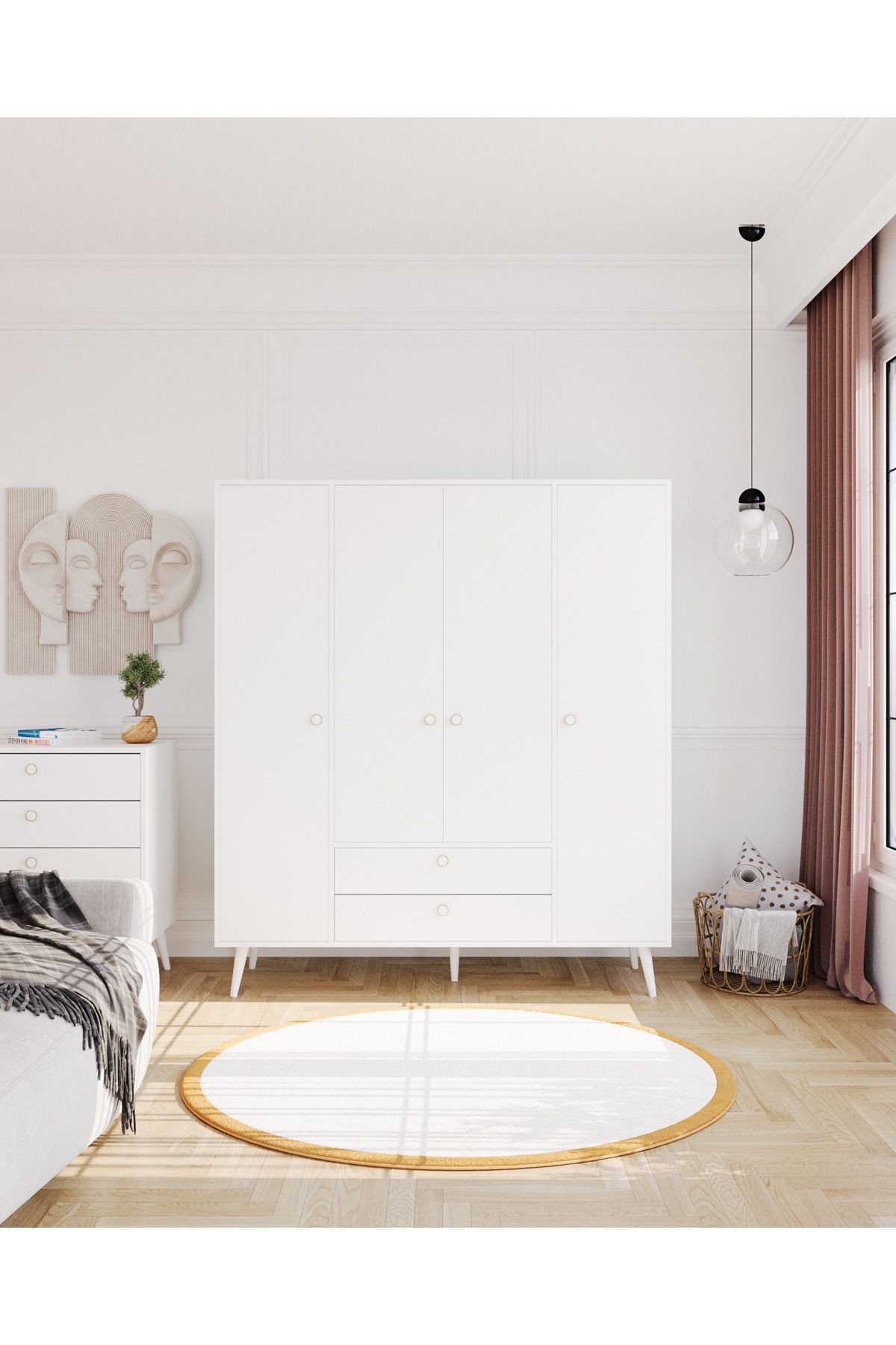 Tema Elbise Dolabı 4 Kapaklı Çekmeceli Dolap Gardırop /beyaz