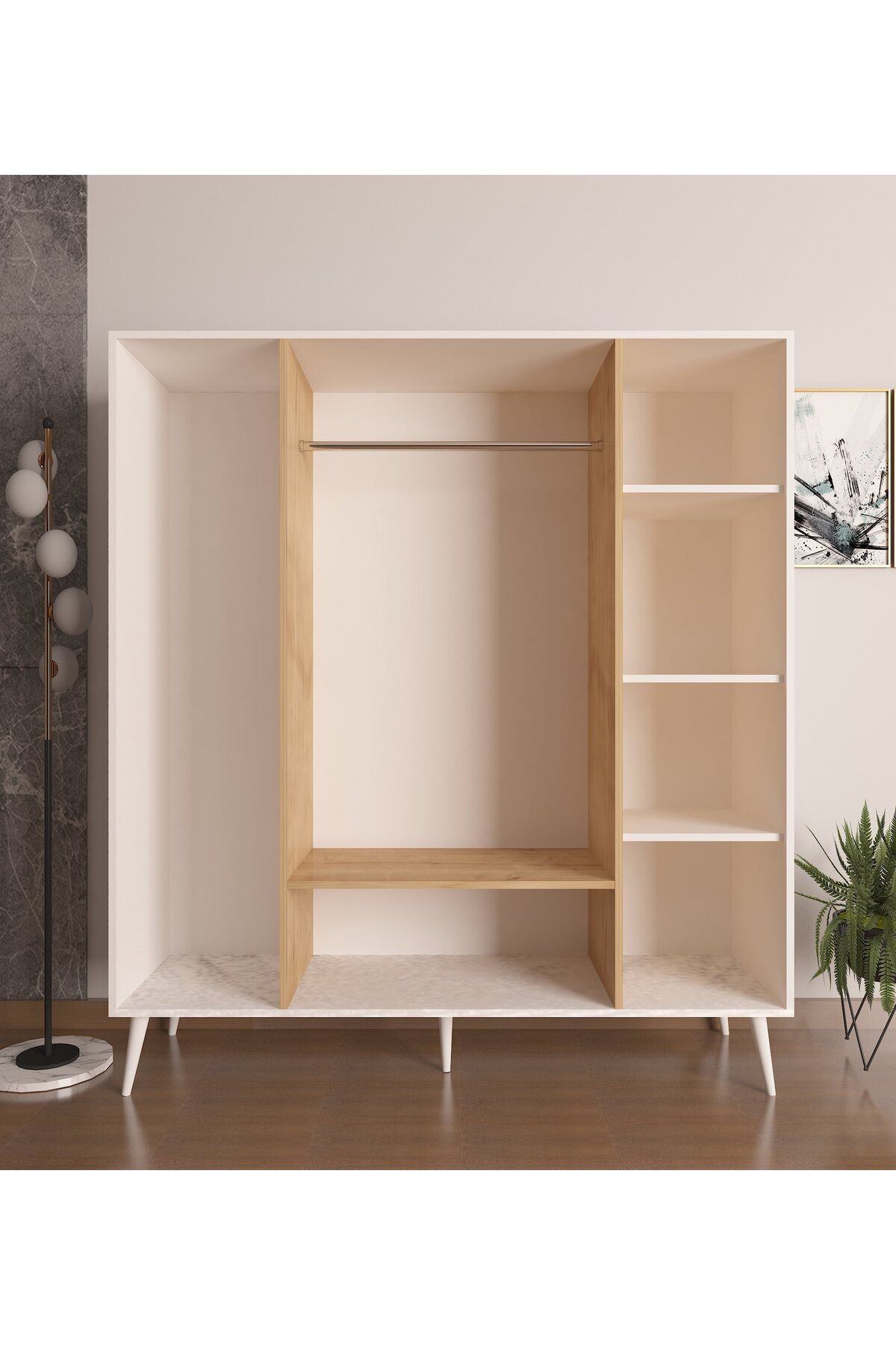 Riva Elbise Dolabı 4 Kapaklı Çekmeceli Dolap Gardırop /meşe / Beyaz