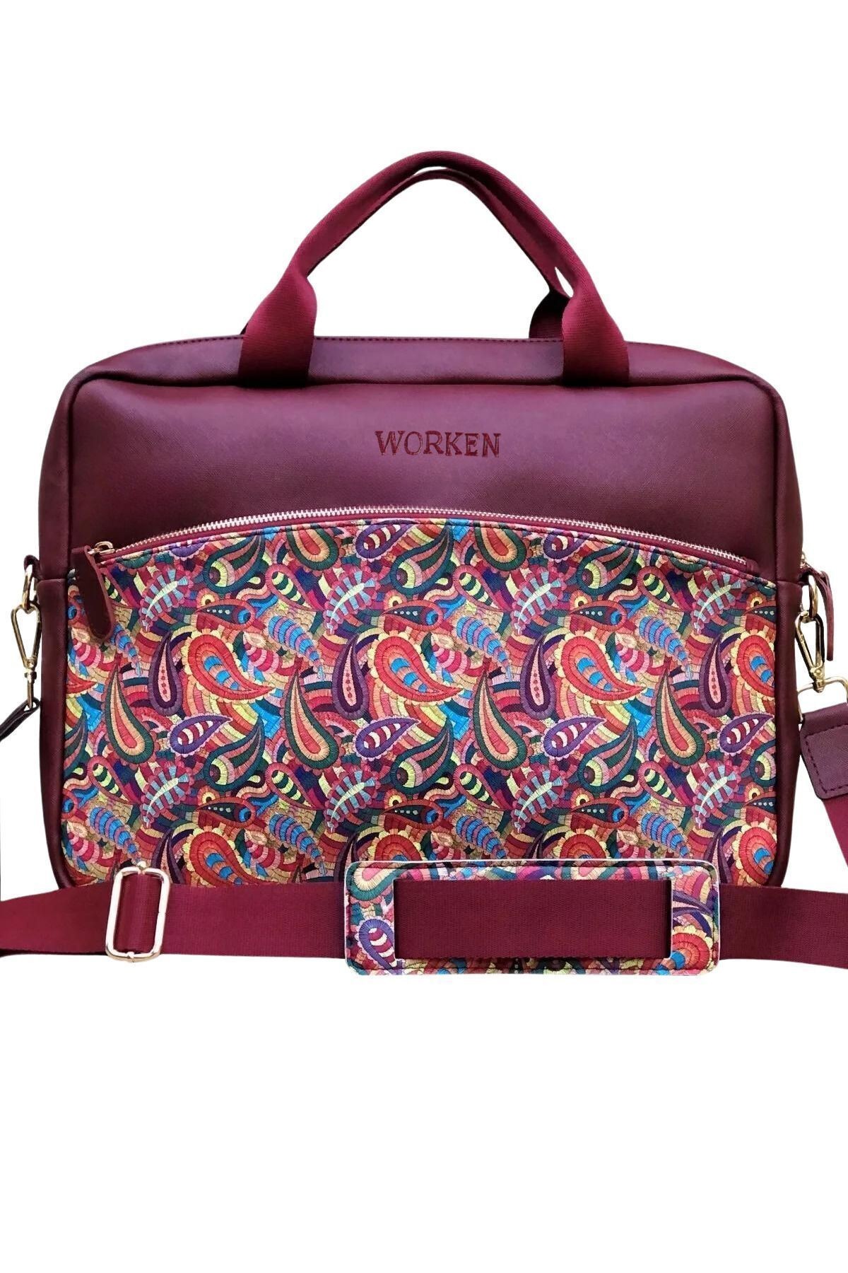 Laptop Çantası Evrak Macbook Çantası 15 Inç 15.6 Inç 39x30x4 Cm. Şal Desen Vegan Deri Bordo