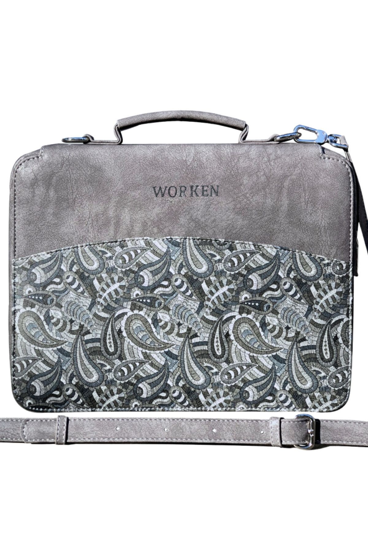 Organizer Deri Tablet Kılıf Ipad Kılıf, 11" Inç, Gri Şal Desen Baskılı Organizer Vegan Deri