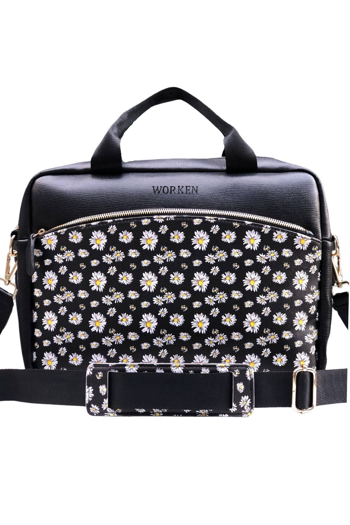 15.6 Inç Laptop Çantası & Evrak Çantası Unisex, Papatya Desen Vegan Deri Siyah