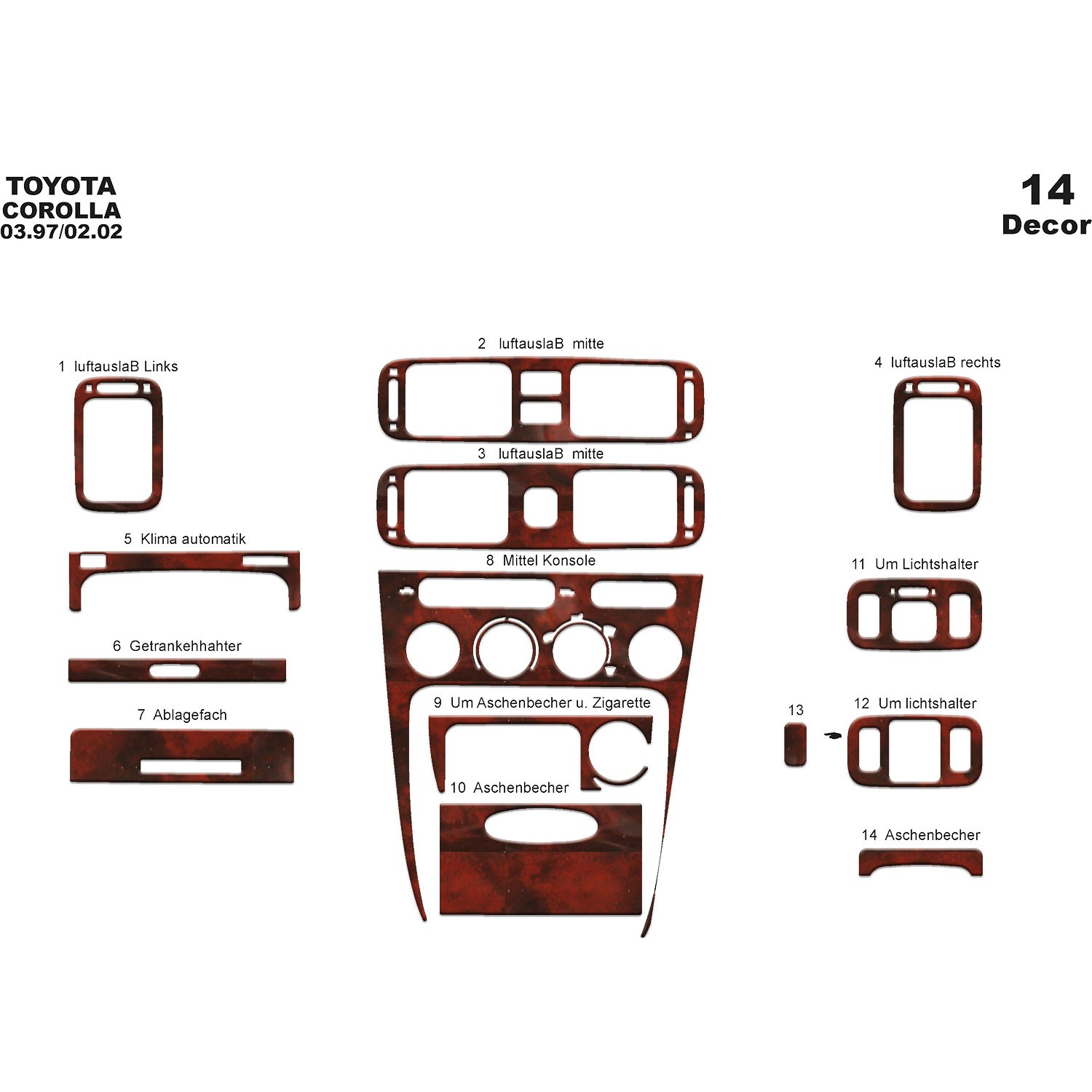 Meriç® Toyota Corolla Ön Torpido Kaplama 14 Parça 1997-2002