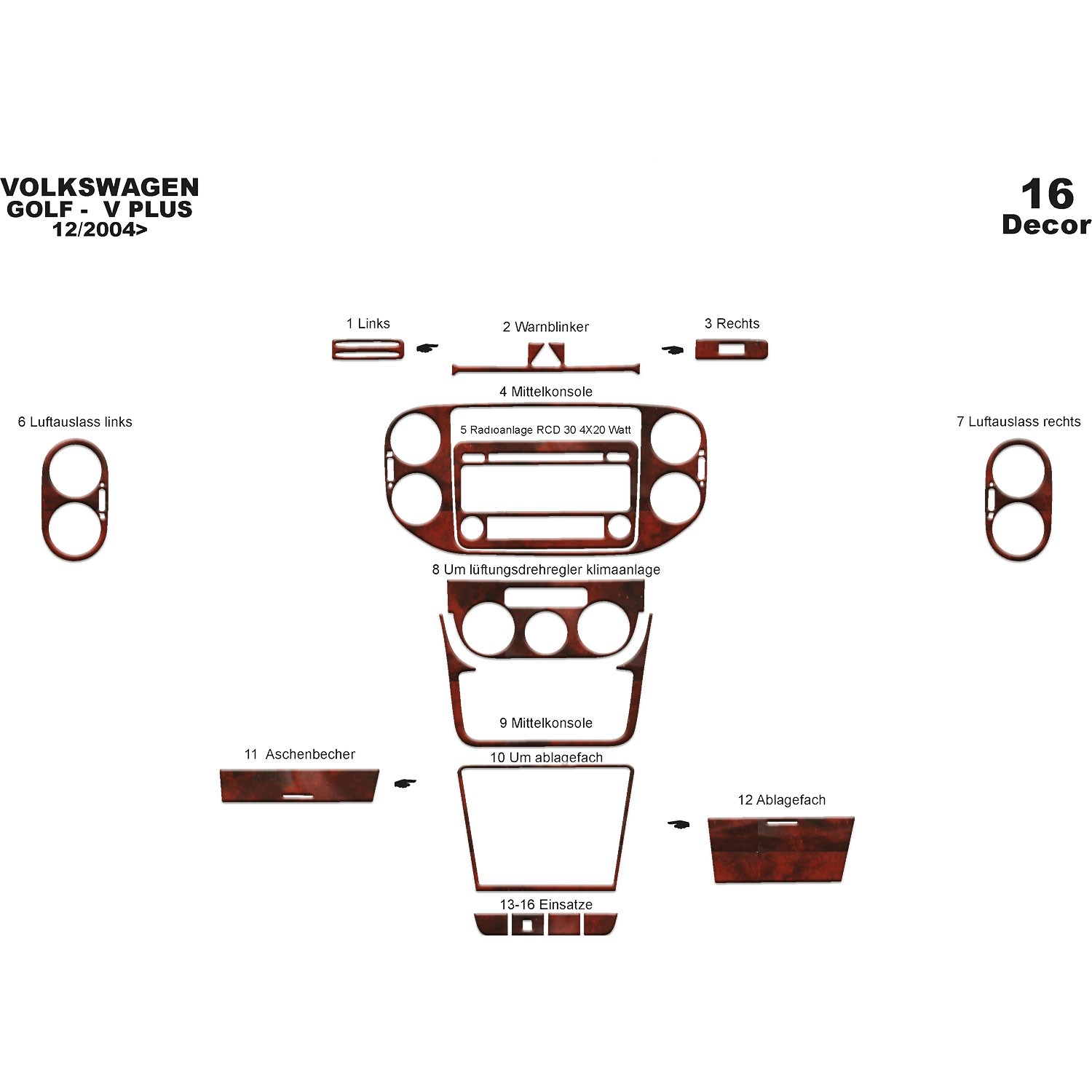 Meriç® Volkswagen Golf 5 Plus Ön Torpido Kaplama 16 Parça 2004-2008