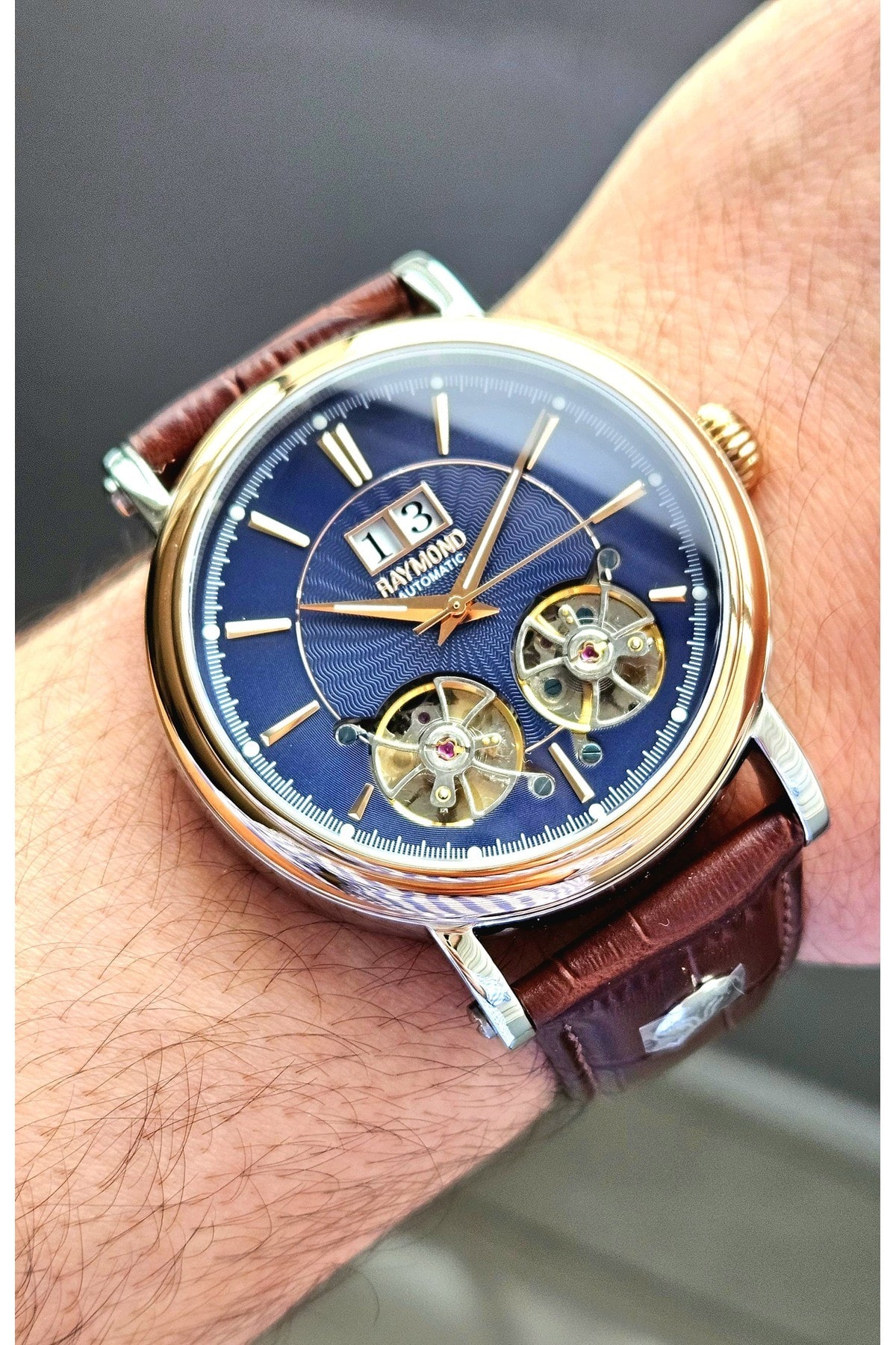RYM-33002 RAYMOND OTOMATİK ÇİFT TÜRBÜLON ERKEK KOL SAATİ - PASLANMAZ ÇELİK KASA VE DERİ KORDON