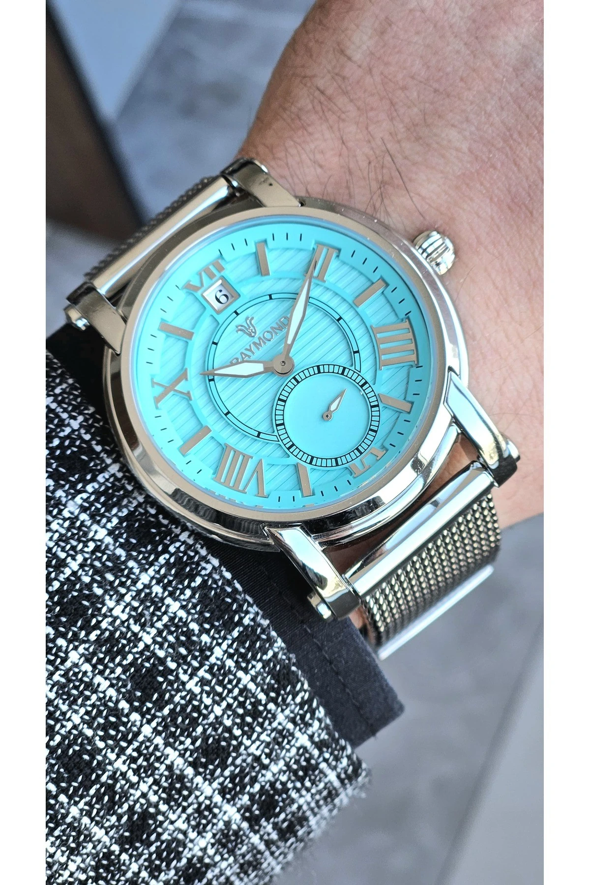 RYM-280275 RAYMOND ERKEK KOL SAATİ - PASLANMAZ ÇELİK HASIR KORDON - 2 YIL GARANTİ