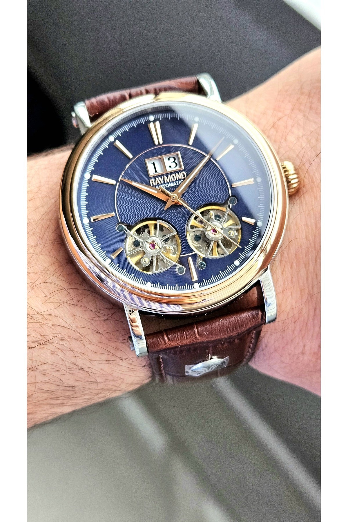 RYM-33002 RAYMOND OTOMATİK ÇİFT TÜRBÜLON ERKEK KOL SAATİ - PASLANMAZ ÇELİK KASA VE DERİ KORDON