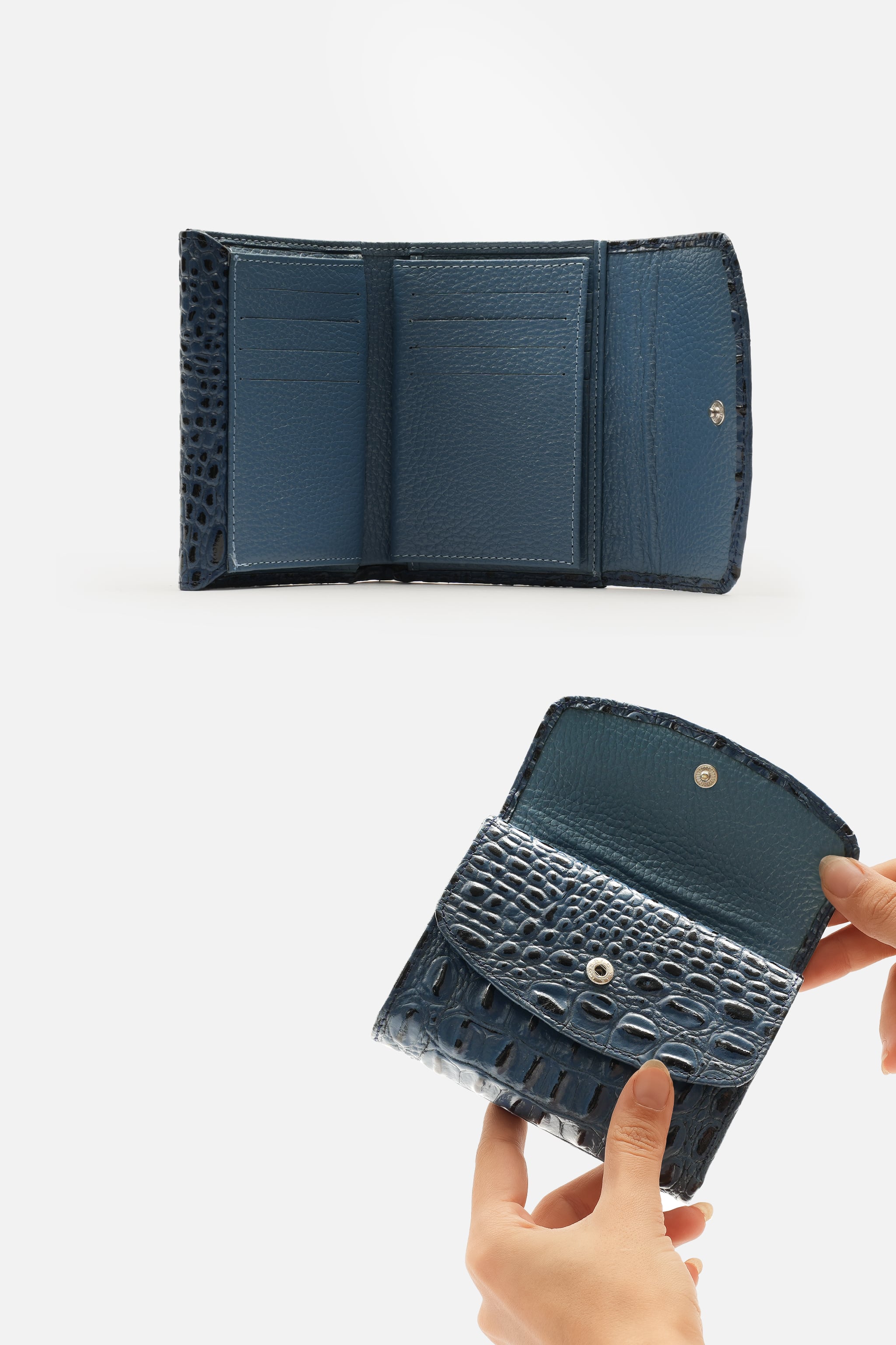Hakiki Prestige Croco Deri Nero Kadın Cüzdan Bayan Cüzdan 13x9 cm, Arka Fermuarlı, Çift Çıtçıtlı