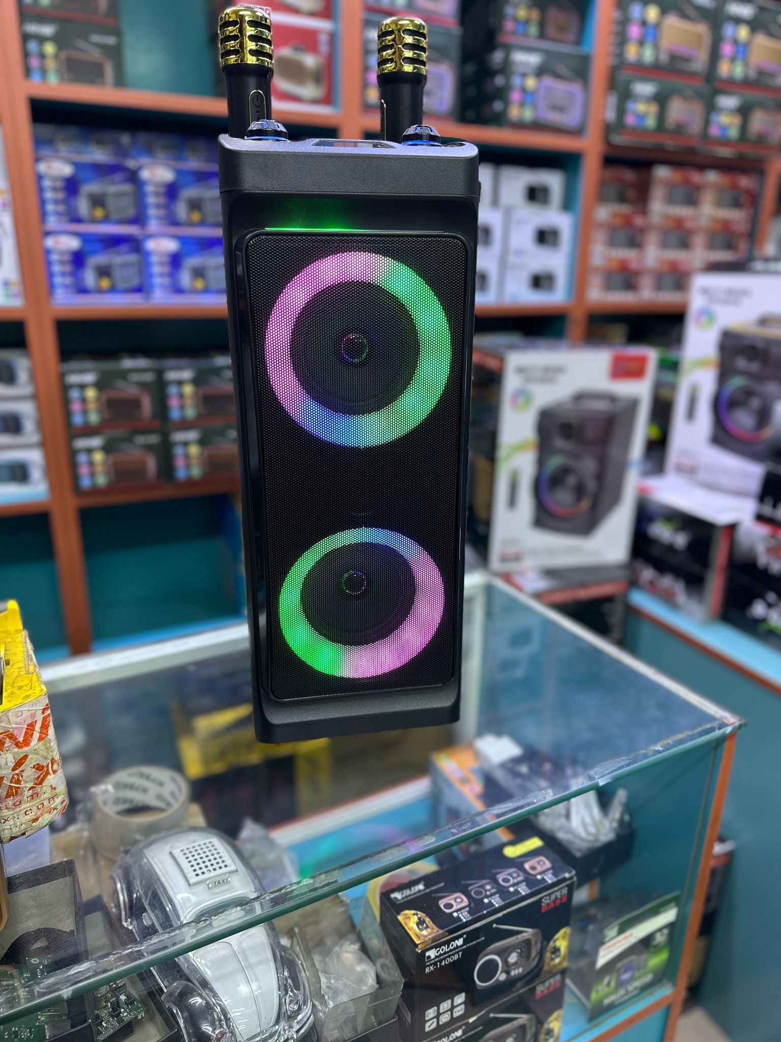 cift mikrafonlu cift hoparlör ahsap kabin bluetooth hoparlör