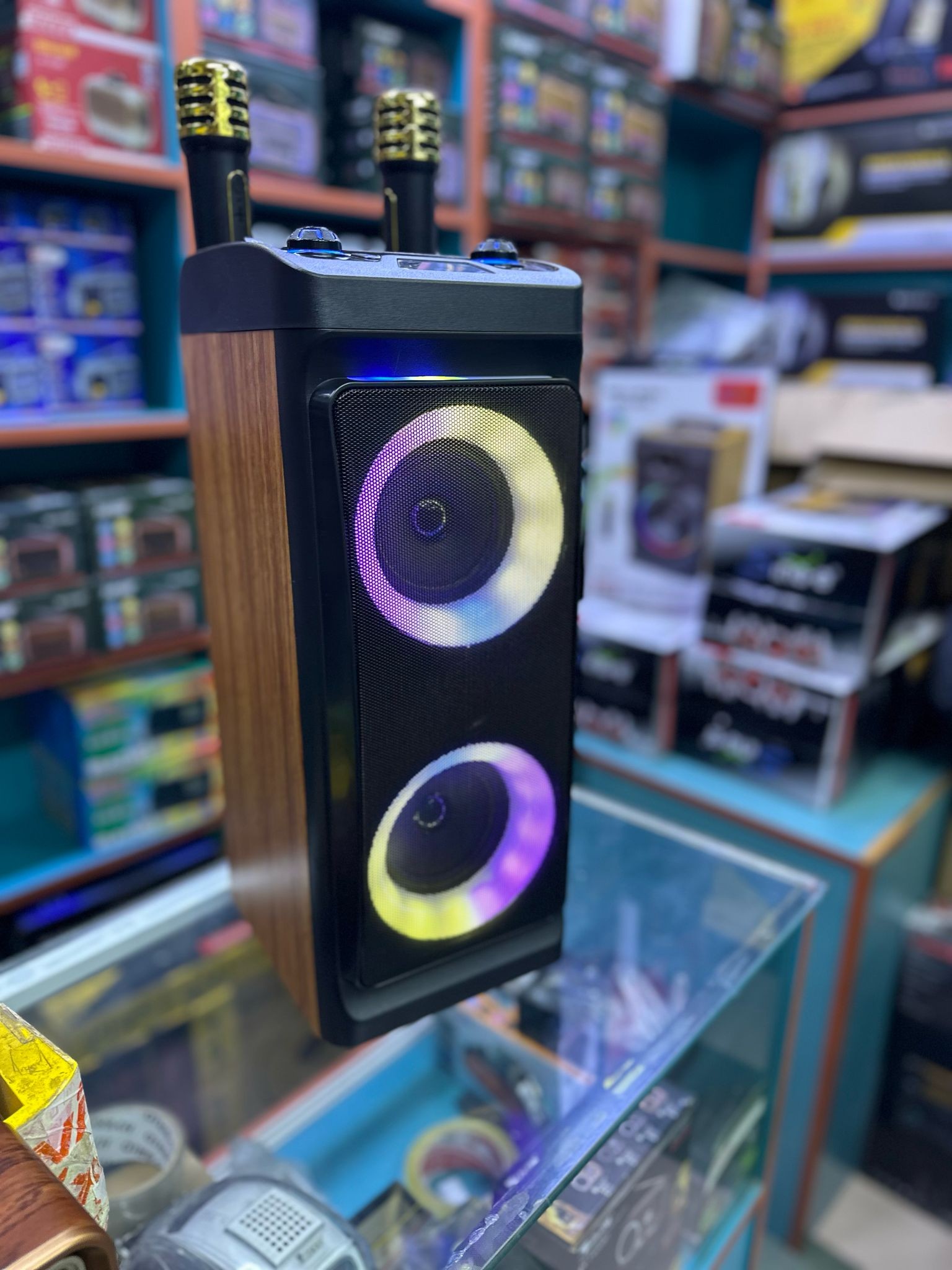 cift mikrafonlu cift hoparlör ahsap kabin bluetooth hoparlör