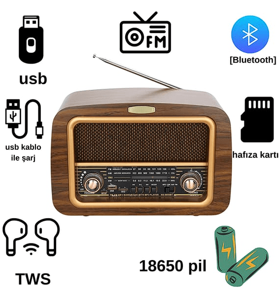 NNS Ns-6655bt Taşınabilir Nostaljik Radyo Bluetooth Speaker Usb Tf Card Aux