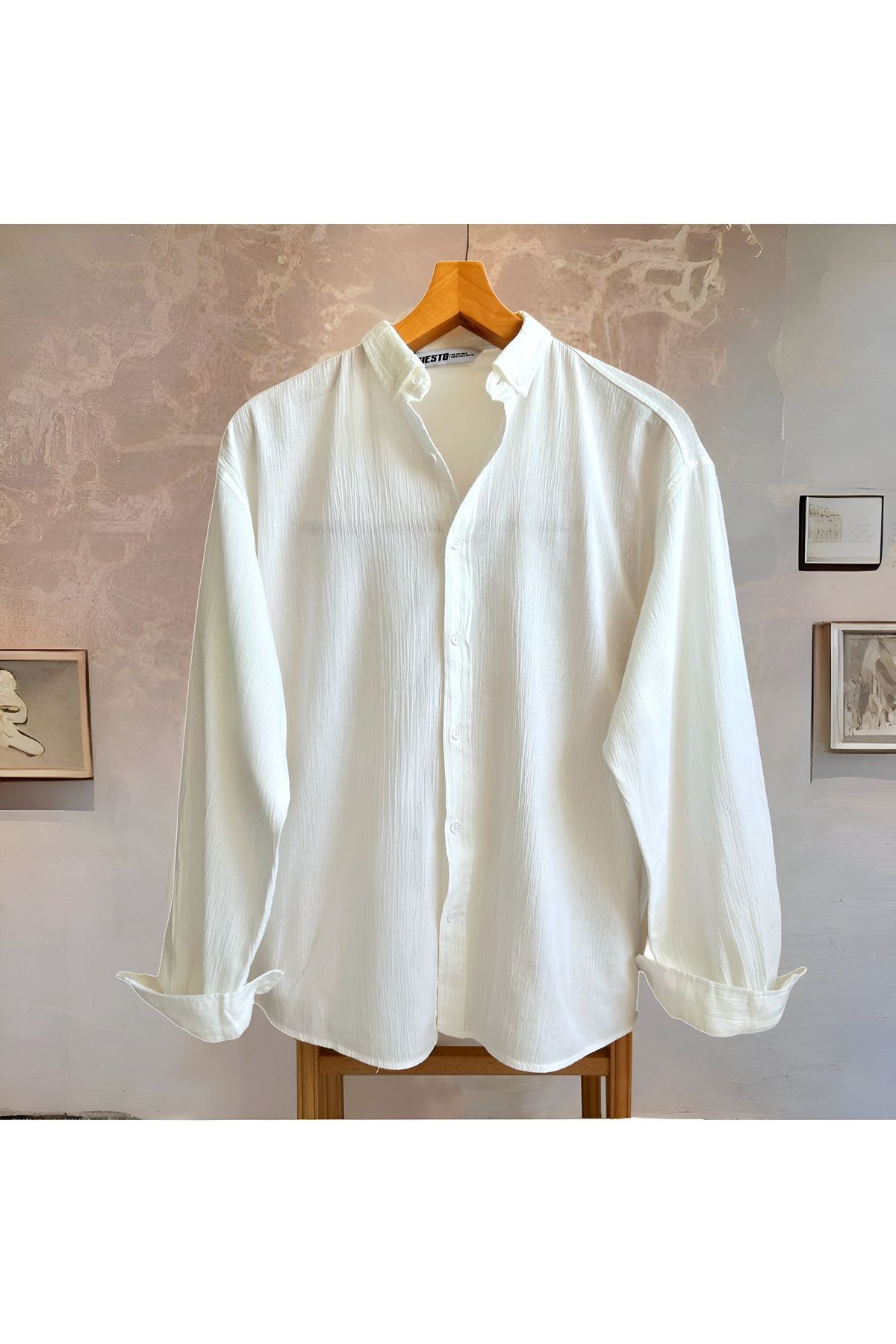 Erkek Oversize Gömlek Yaka %100 Keten Uzun Kollu Gömlek - beyaz