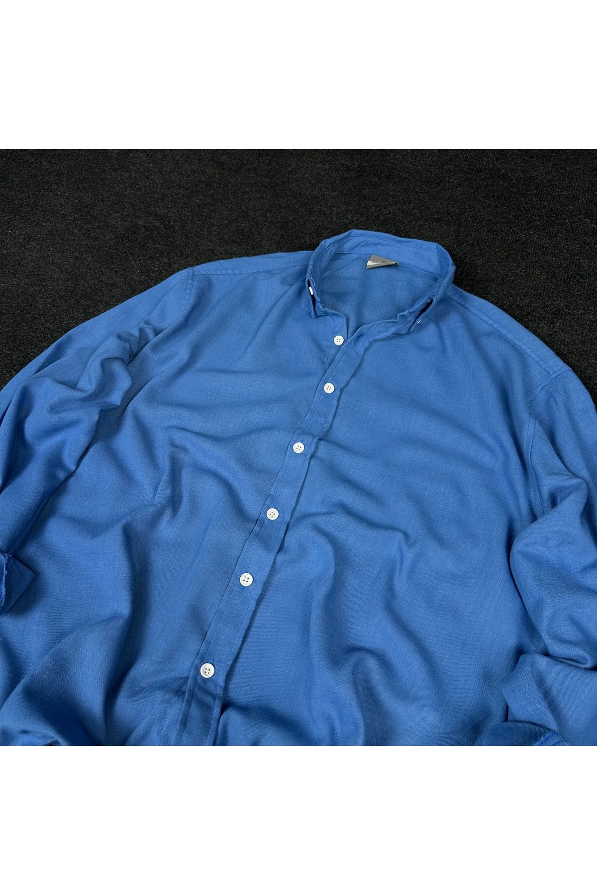 Erkek Basic Oversize Gömlek Yaka Uzun Kollu Yazlık Gömlek - Mavi