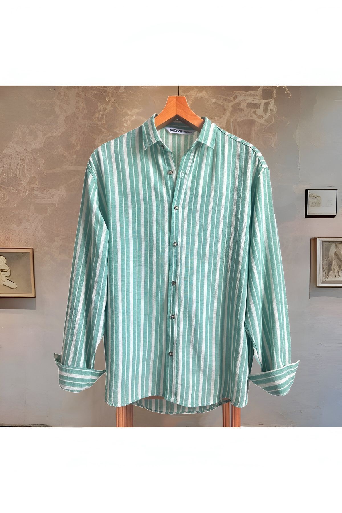 Erkek Oversize Gömlek Yaka Keten Uzun Kollu Yazlık Gömlek - Yeşil