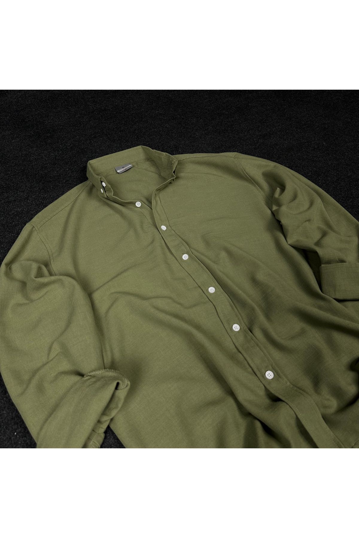 Erkek Basic Oversize Gömlek Yaka Uzun Kollu Yazlık Gömlek - haki