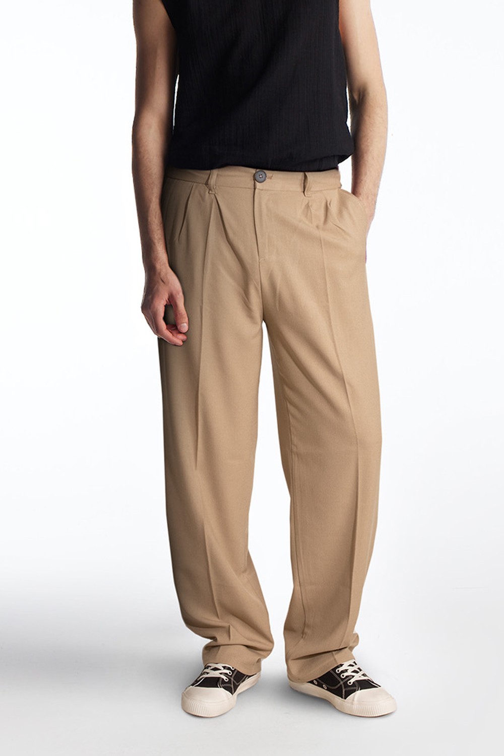 Erkek Baggy Bol Paça Keten Pantolon - Taba