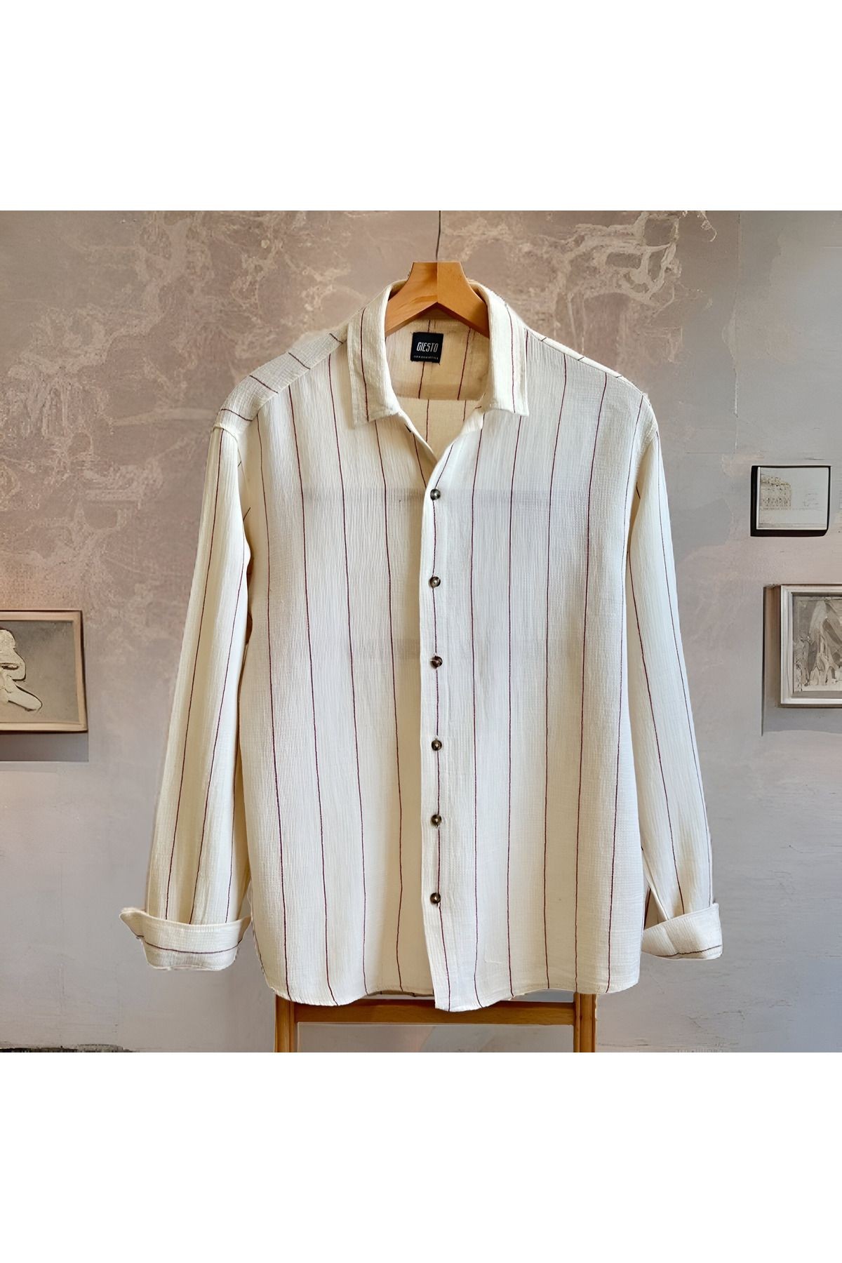 Krem Erkek Oversize Gömlek Yaka Keten Uzun Kollu Gömlek