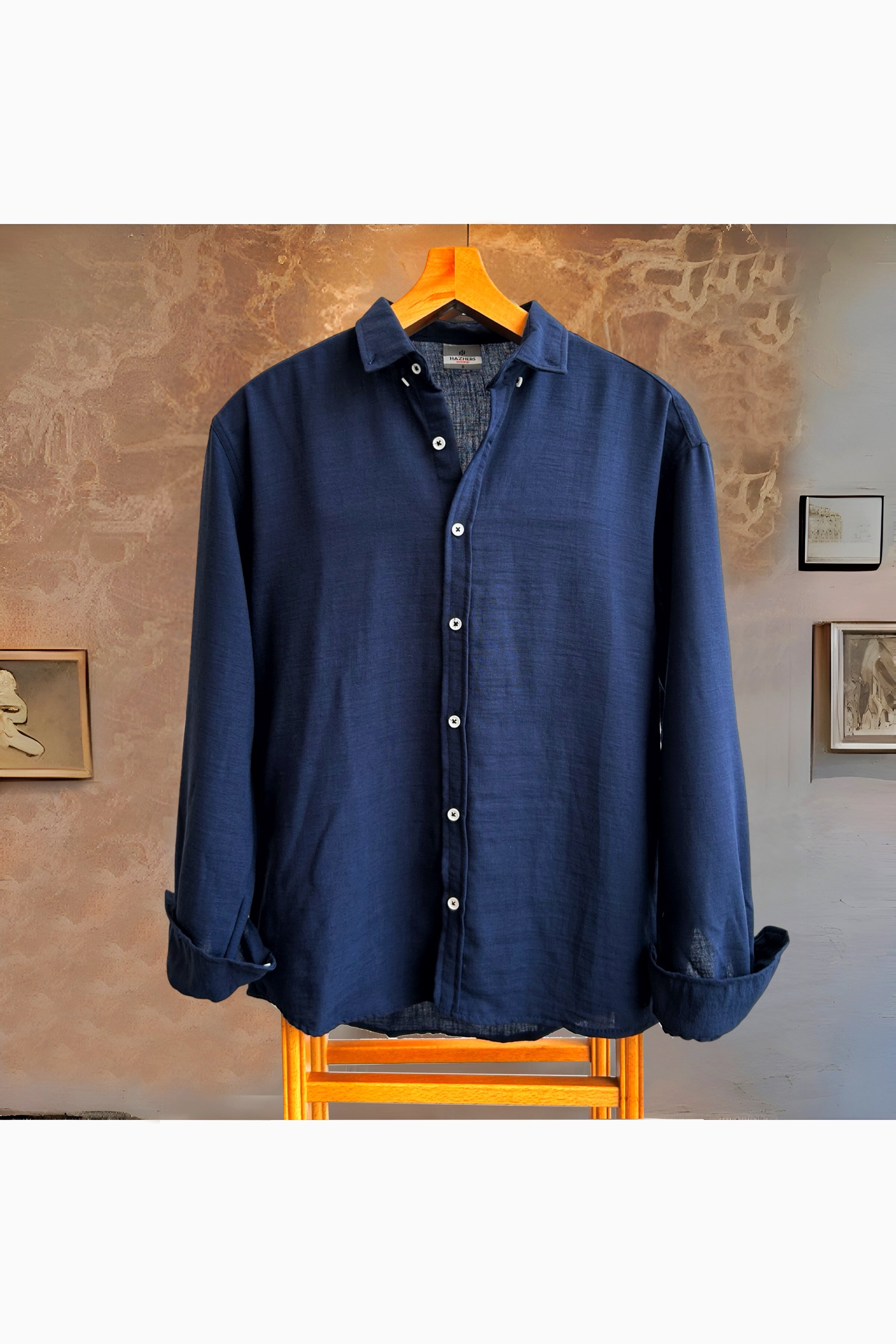 Erkek Basic Oversize Gömlek Yaka Uzun Kollu Yazlık Gömlek - Lacivert