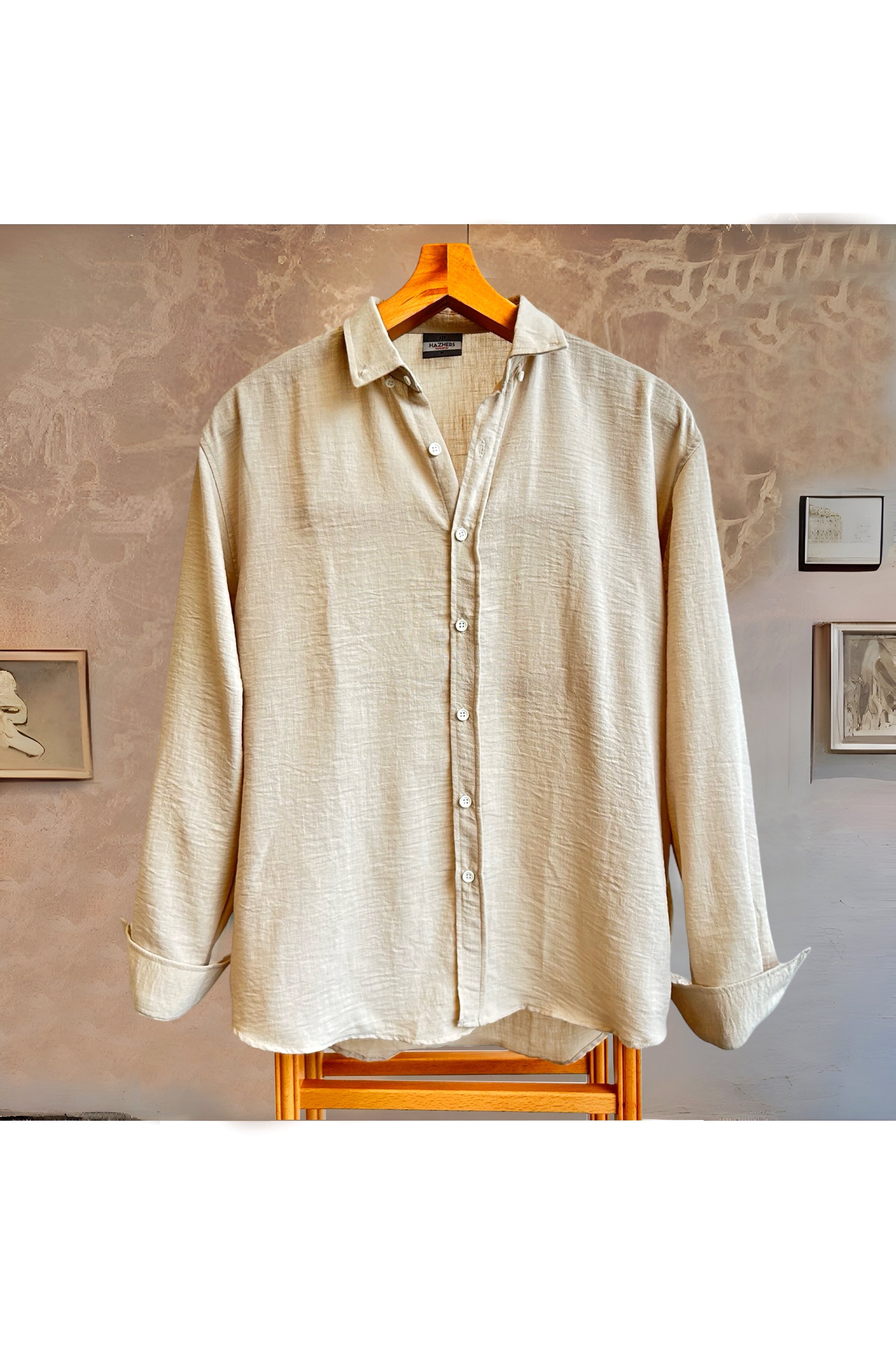 Erkek Basic Oversize Gömlek Yaka Uzun Kollu Yazlık Gömlek - krem-mavi