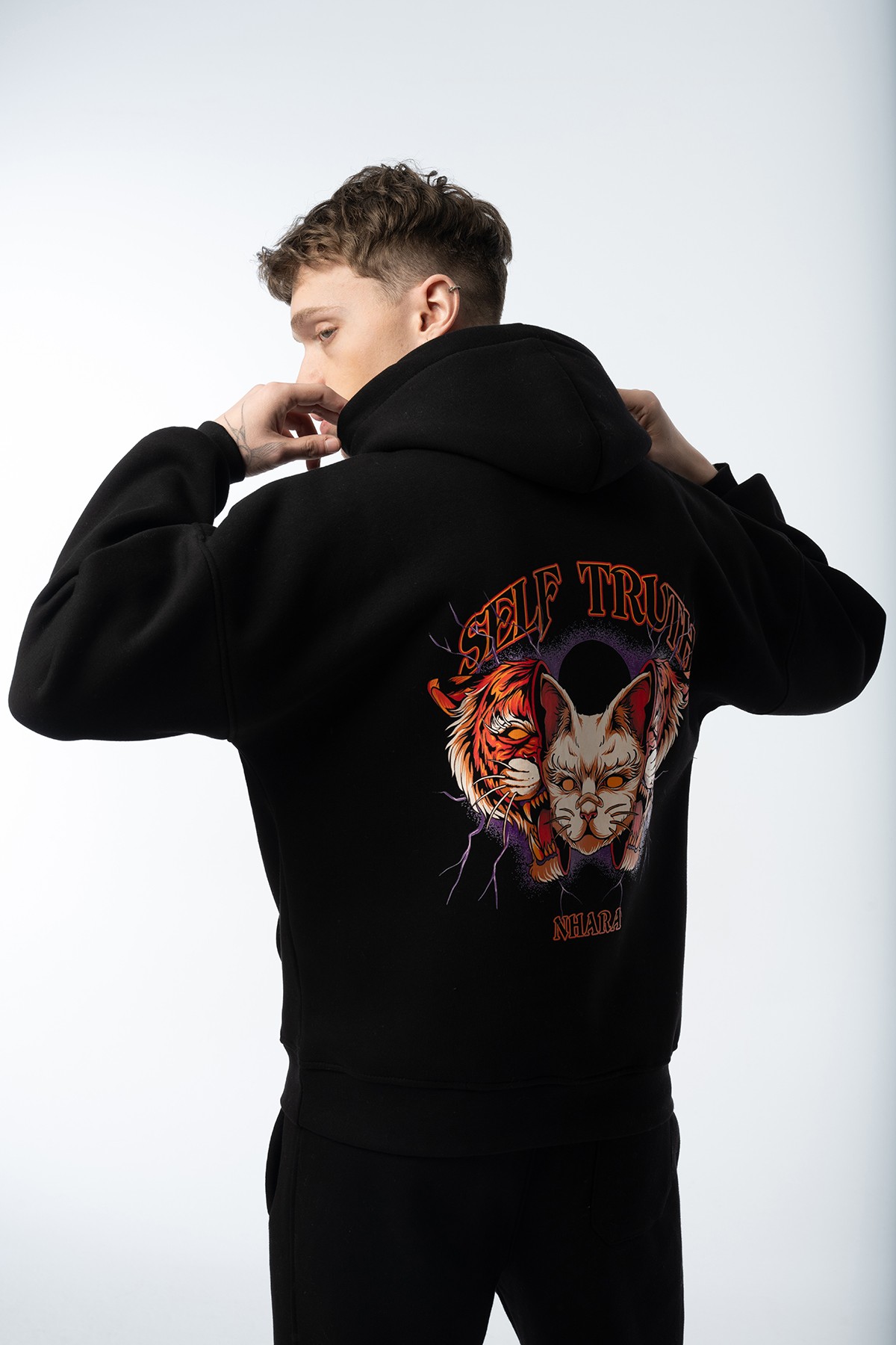 Unisex Self Truth Oversize Siyah Hoodie