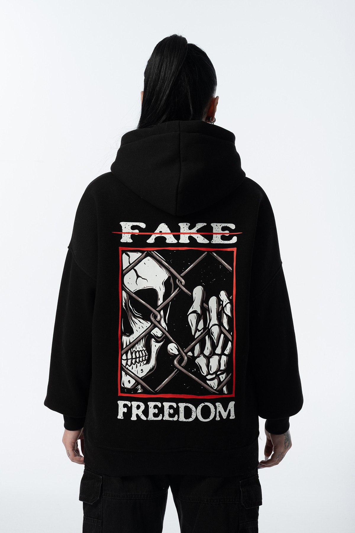 Unisex Fake Freedom Oversize Siyah Hoodie