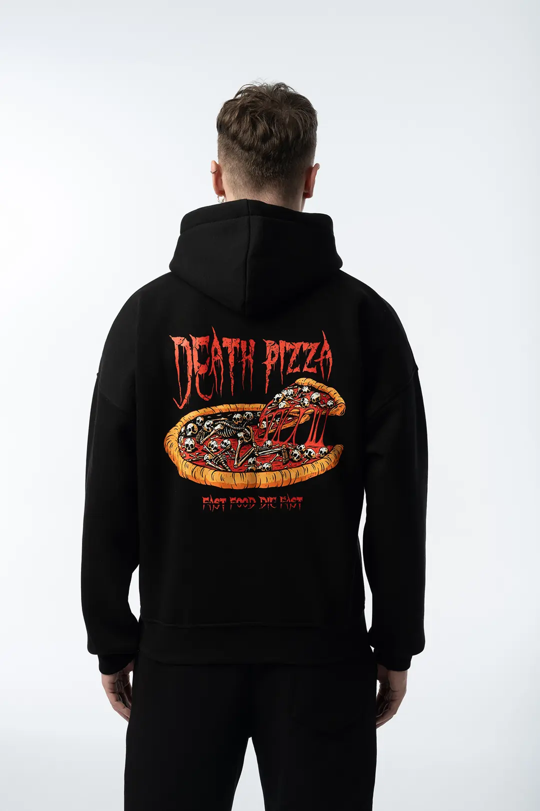 Unisex Death Pizza Oversize Siyah Hoodie