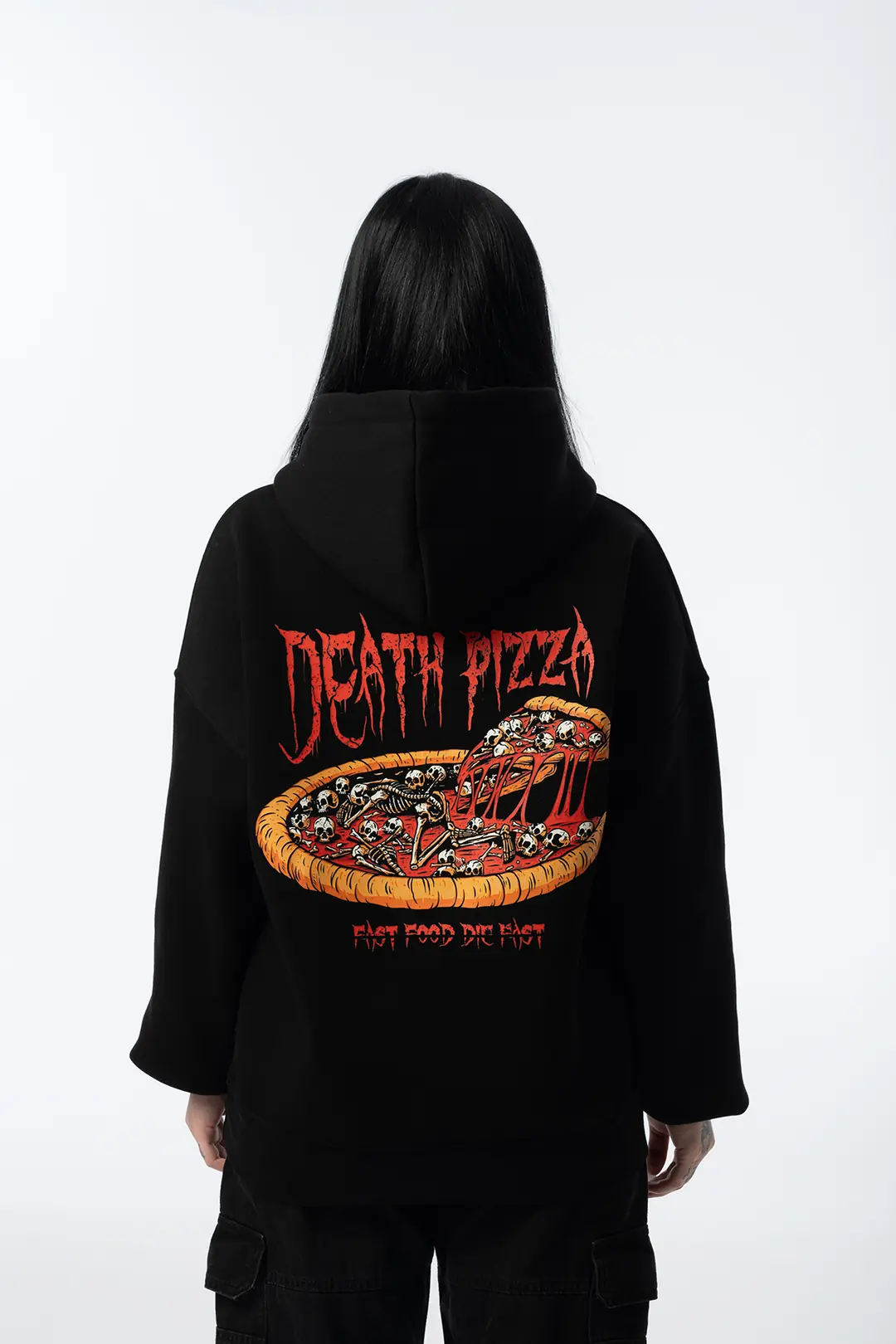 Unisex Death Pizza Oversize Siyah Hoodie
