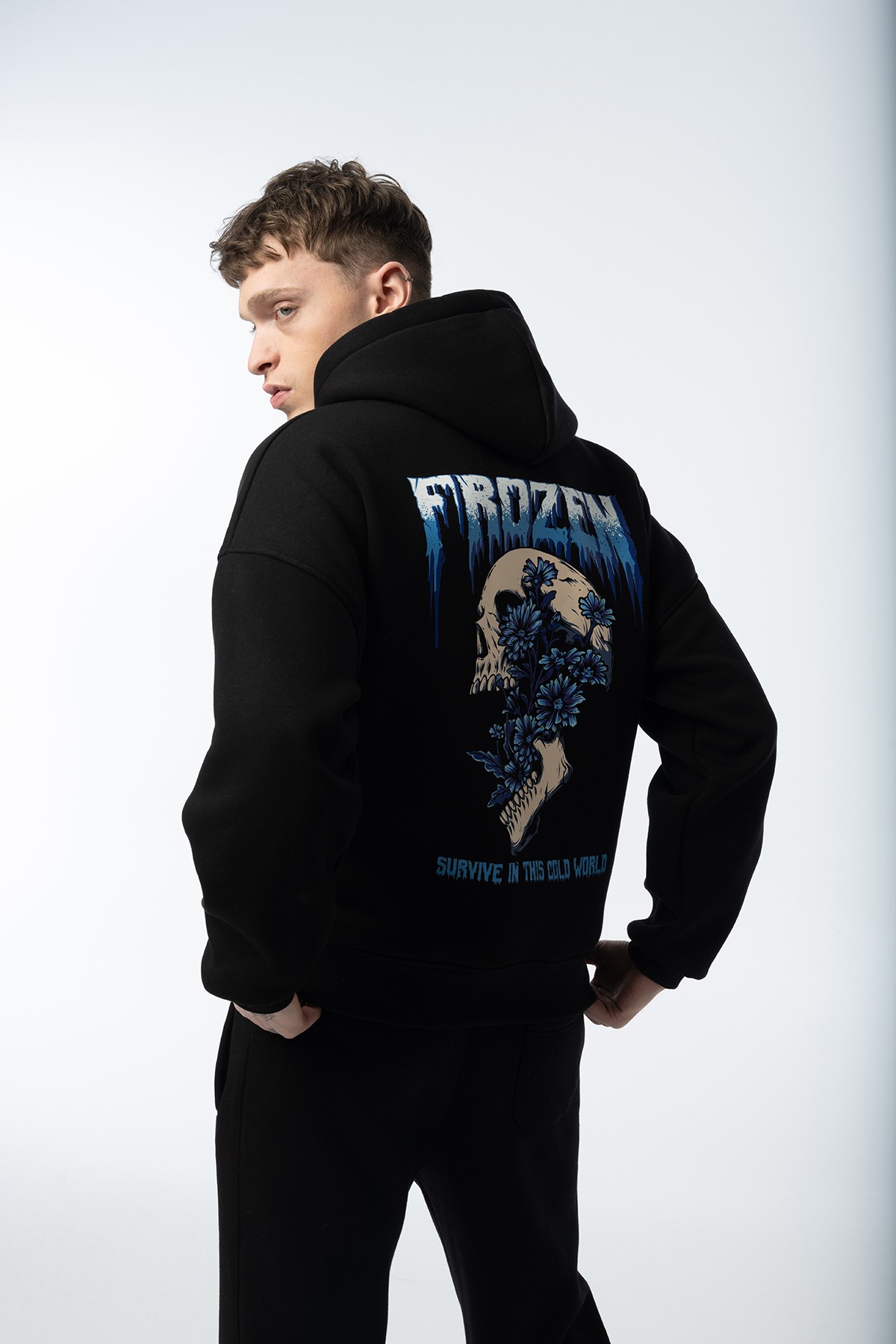 Unisex Frozen Oversize Siyah Hoodie