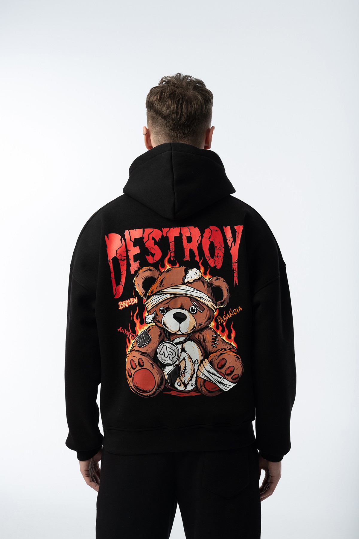 Unisex Destroy Oversize Siyah Hoodie