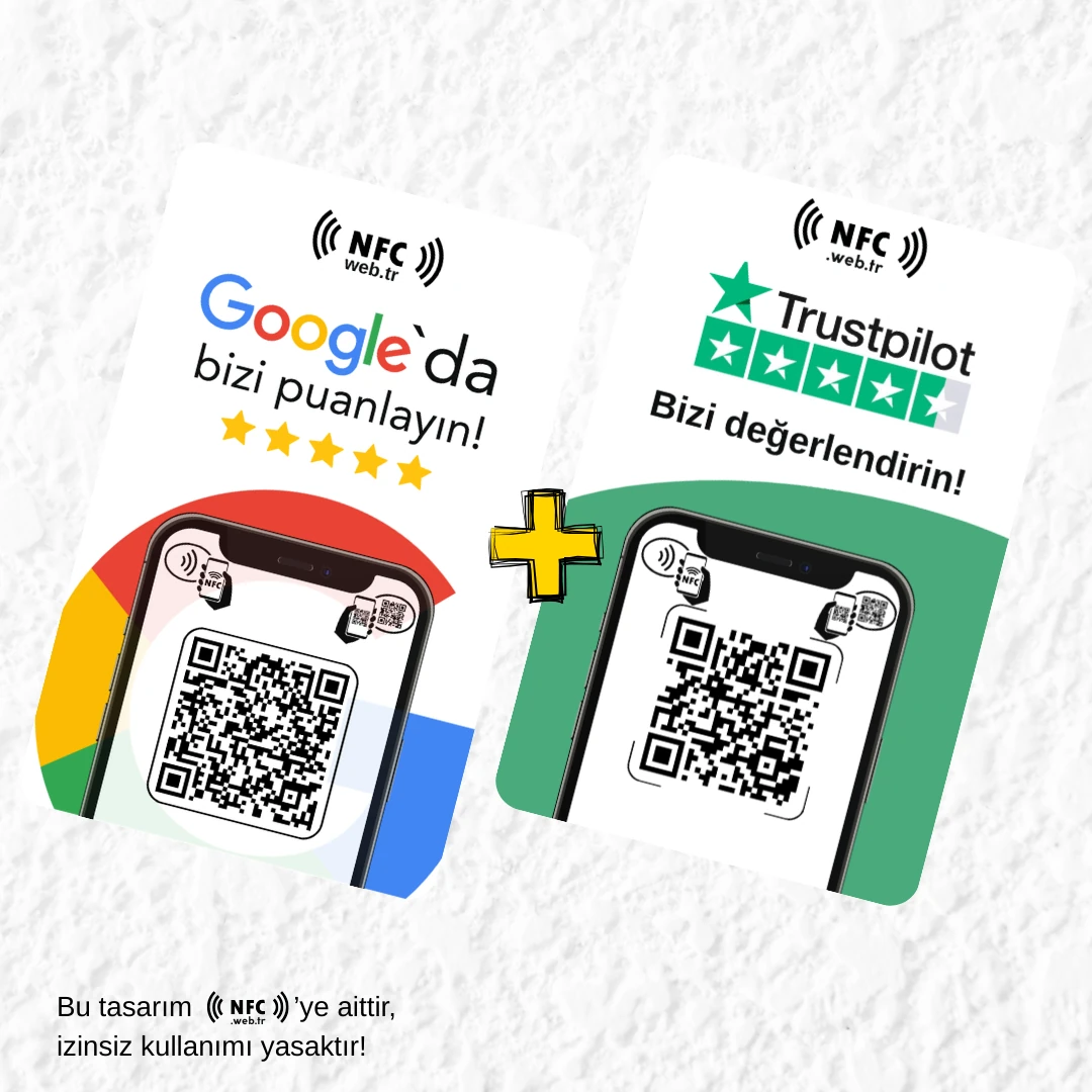 NFC ve QR Kodlu Google Yorum ve Trustpilot Yorum Kartı 2’li Paket