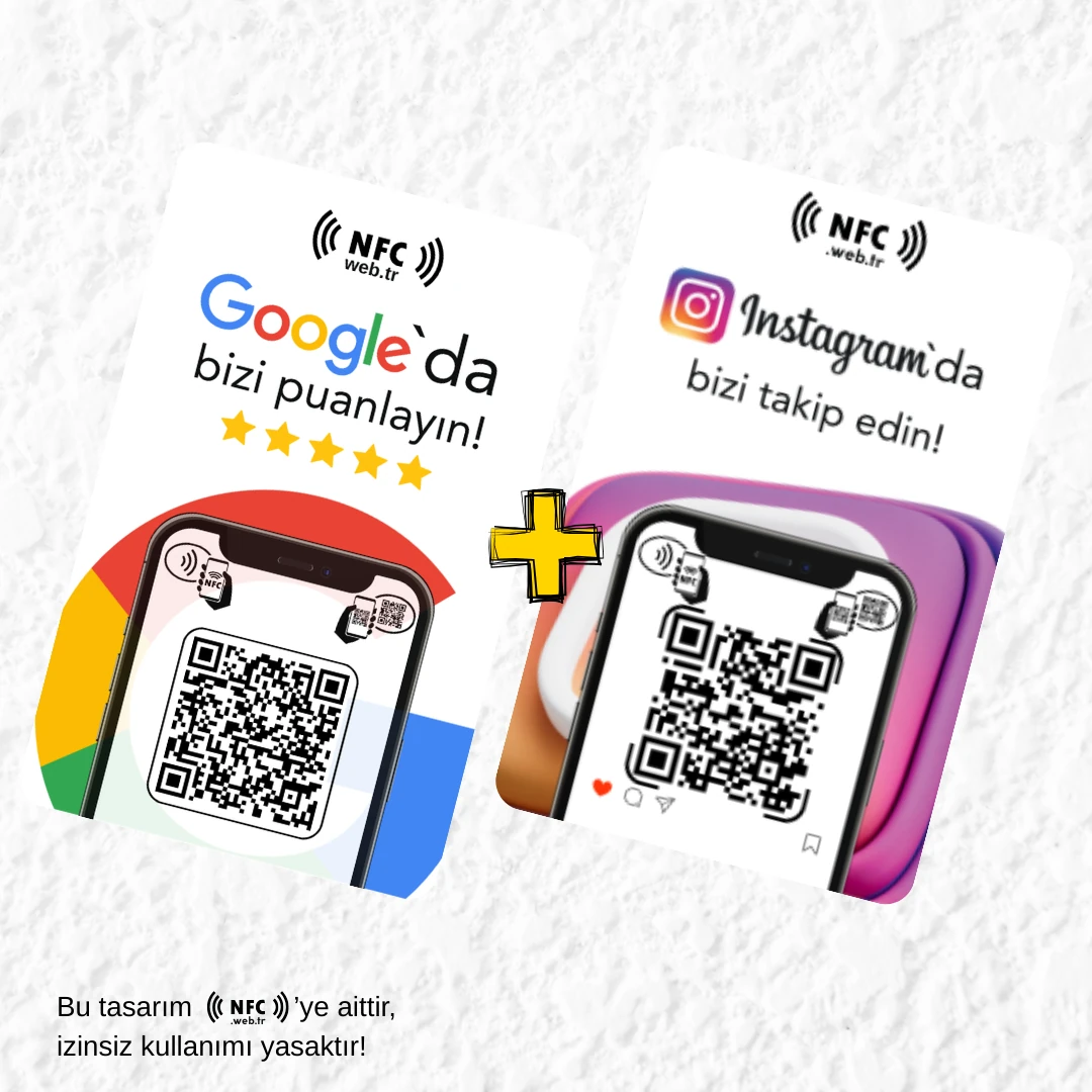 NFC ve QR Kodlu Google Yorum ve Instagram Takip Kartı 2’li Paket