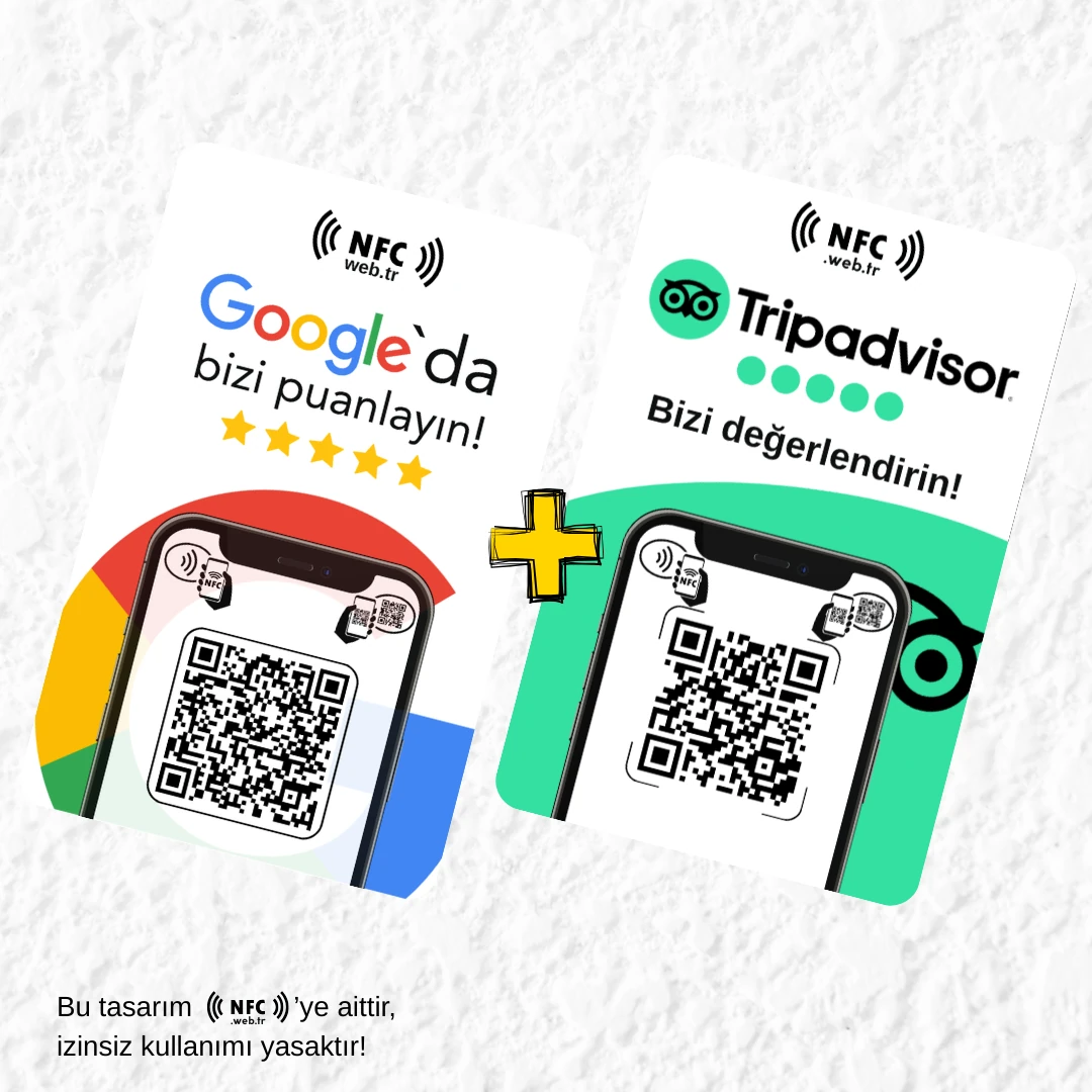 NFC ve QR Kodlu Google Yorum ve Tripadvisor Yorum Kartı 2’li Paket