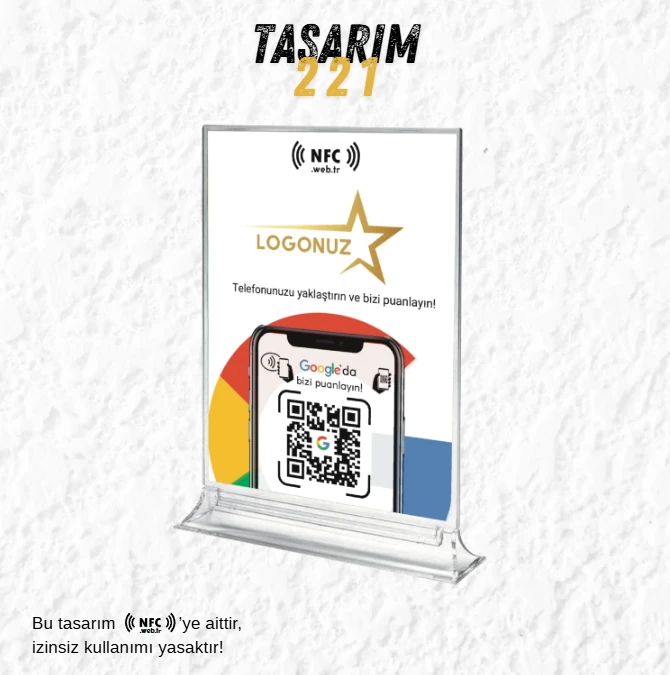 Logo'lu Masa Üstü NFC ve QR Kodlu Google Yorum ve Puanlama Standı Föylük TASARIM 221