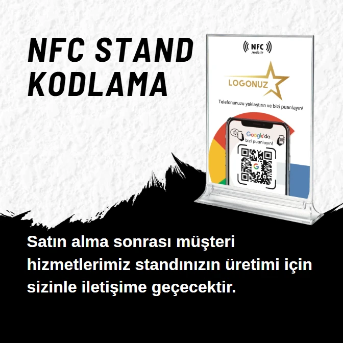 Logo'lu Masa Üstü NFC ve QR Kodlu Google Yorum ve Puanlama Standı Föylük TASARIM 221