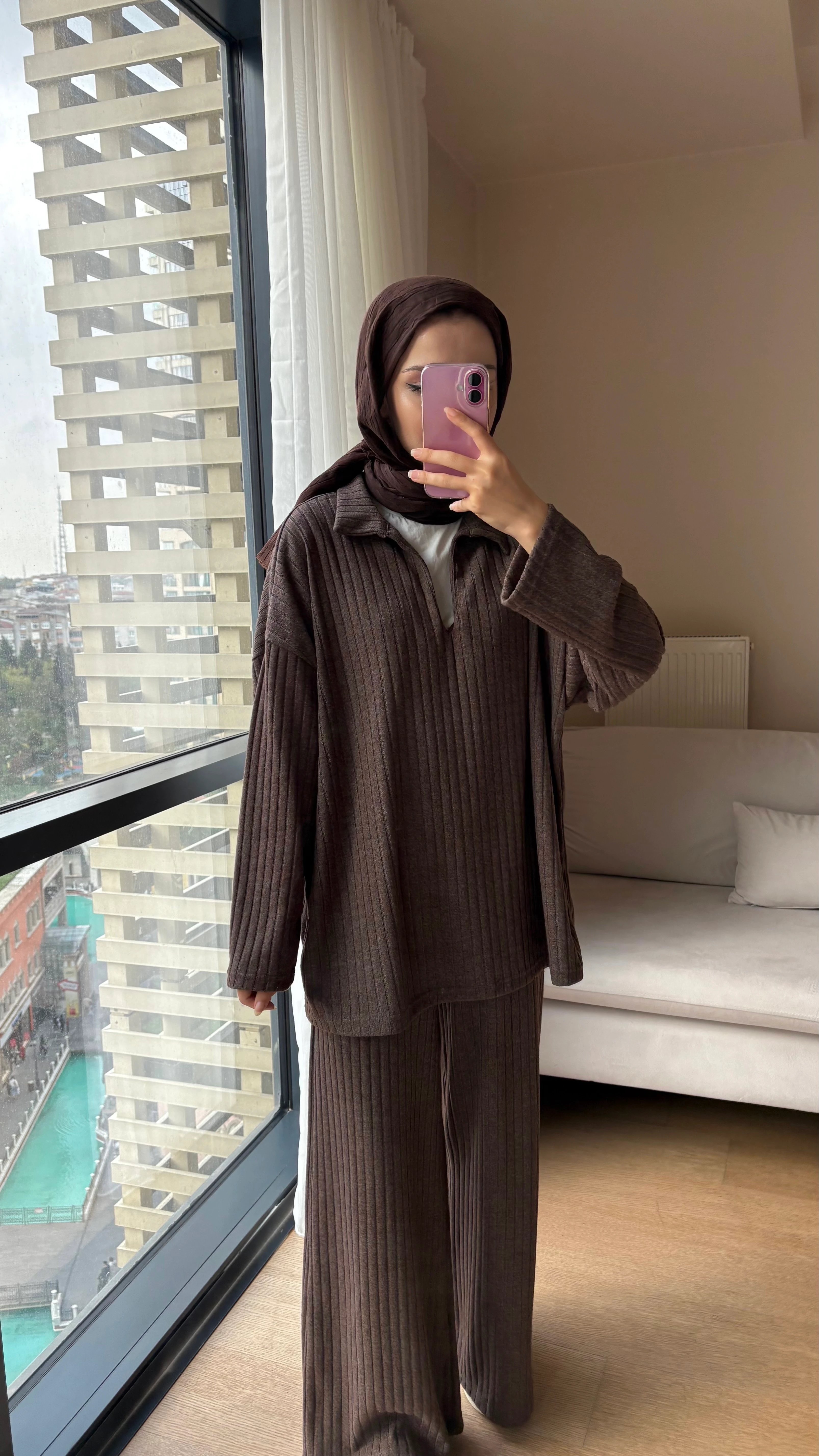 Fitilli V Yaka Takım - Kahve