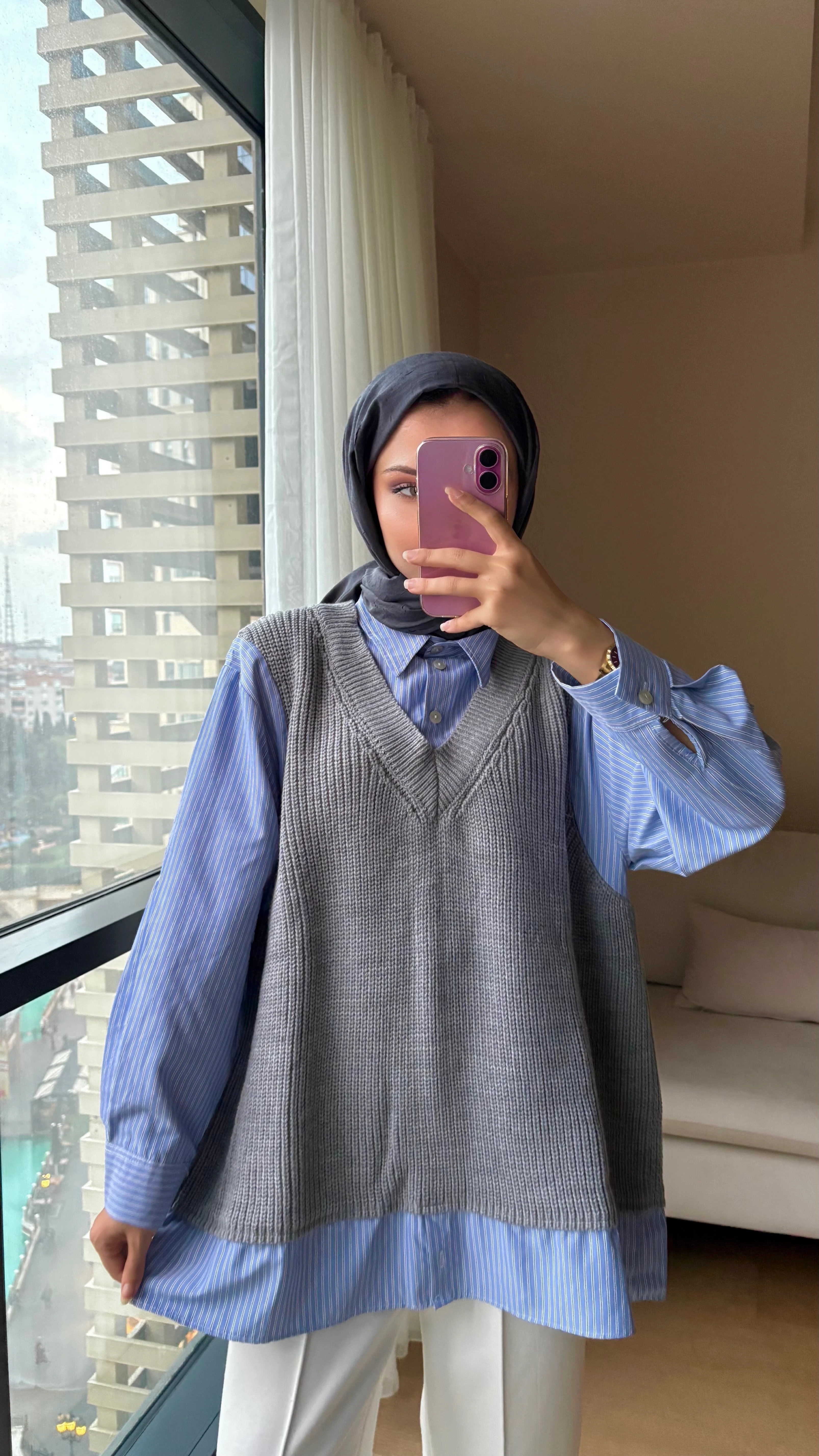 Triko Garnili Gömlek - Gri