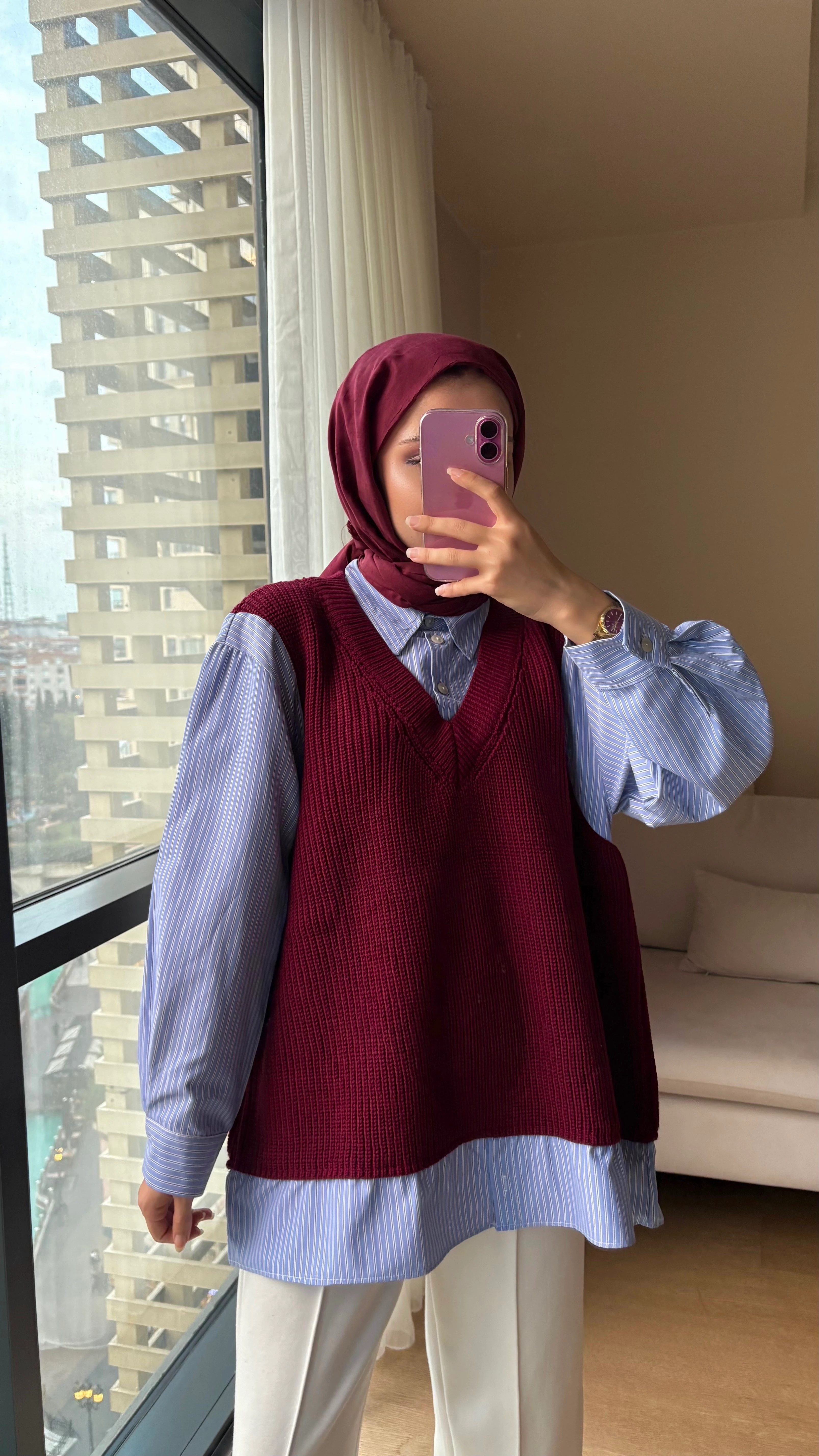 Triko Garnili Gömlek - Bordo