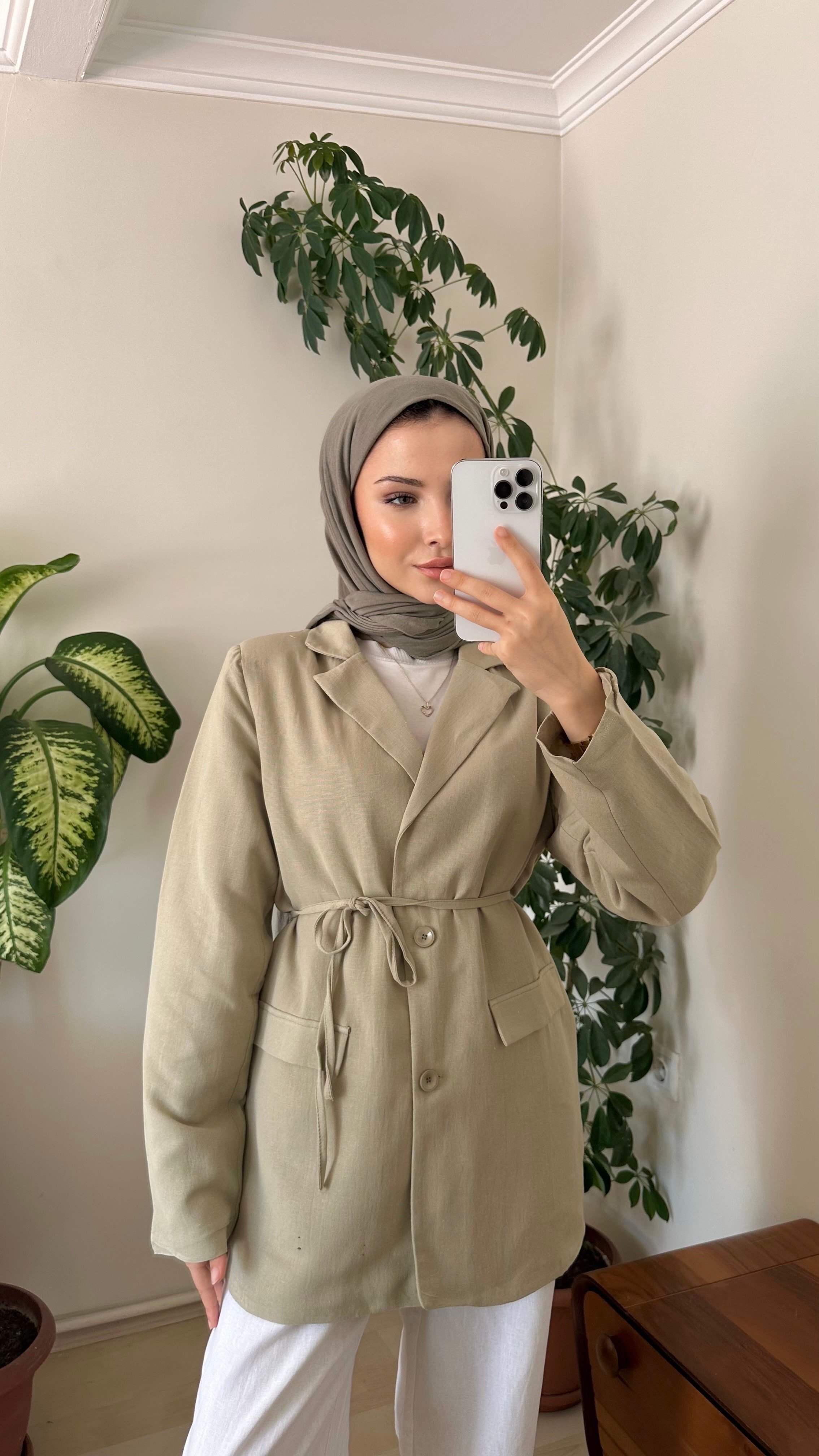 Keten blazer ceket  - yeşil