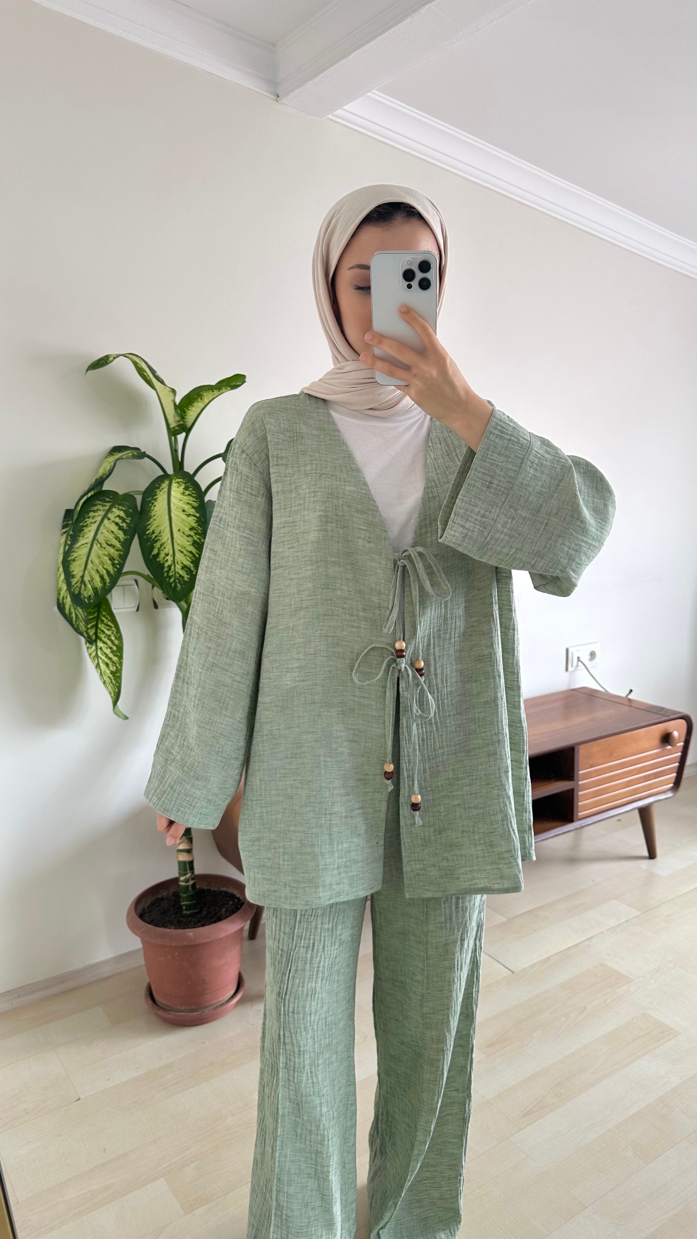 Müslin Önden Bağlamalı Kimono Takımı - yeşil
