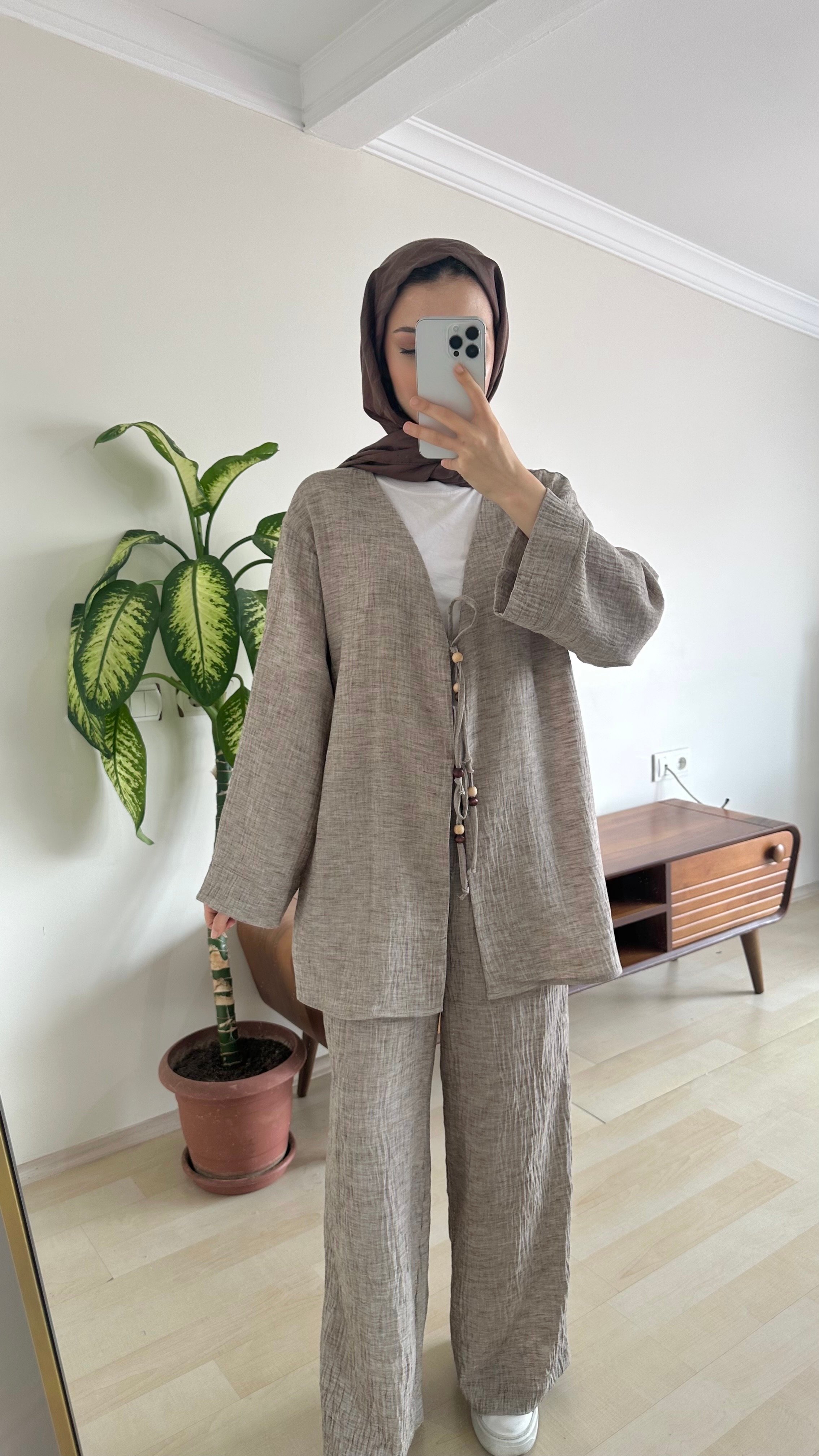 Müslin Önden Bağlamalı Kimono Takımı - vizon