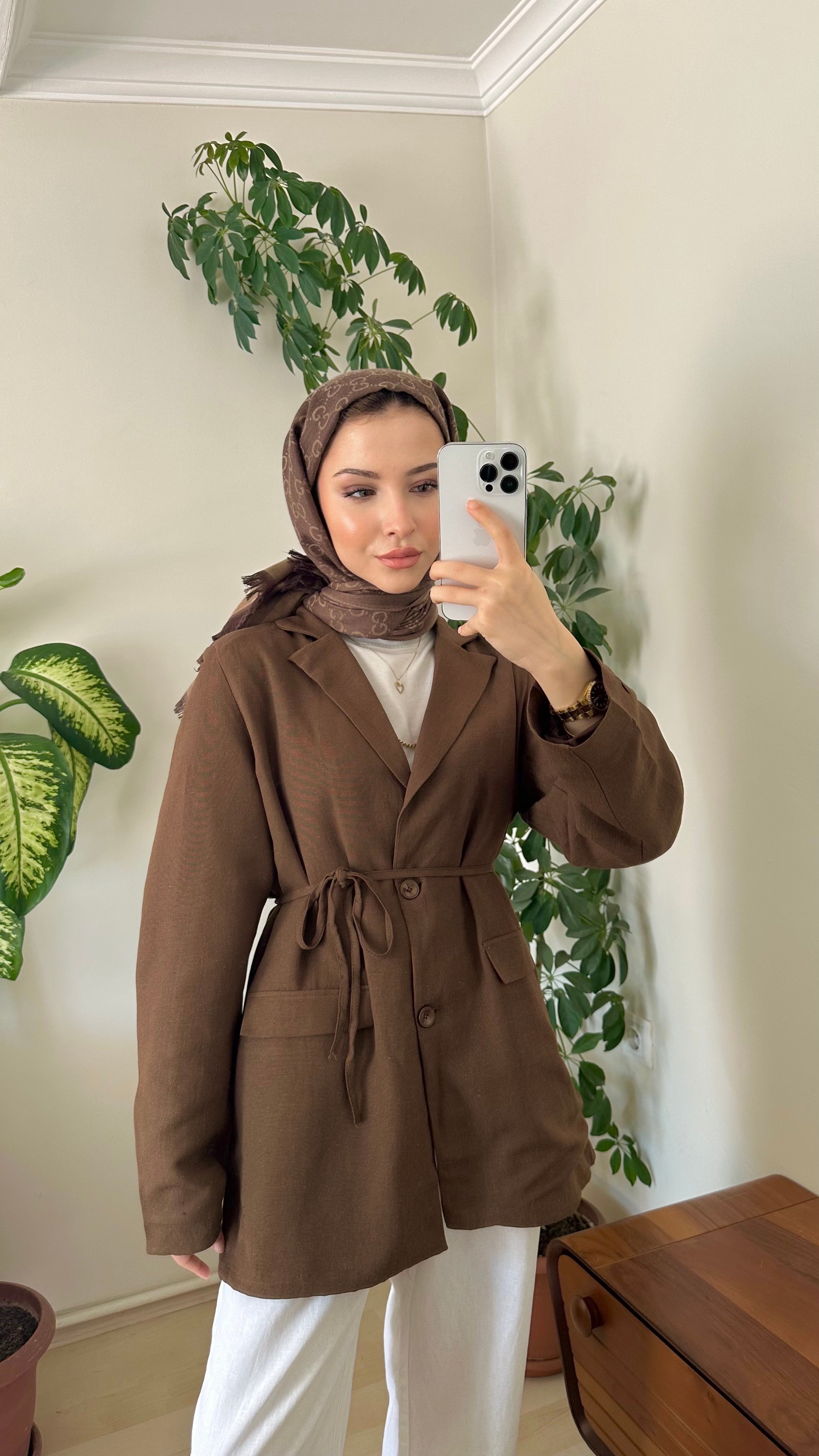 Keten blazer ceket  - Kahve