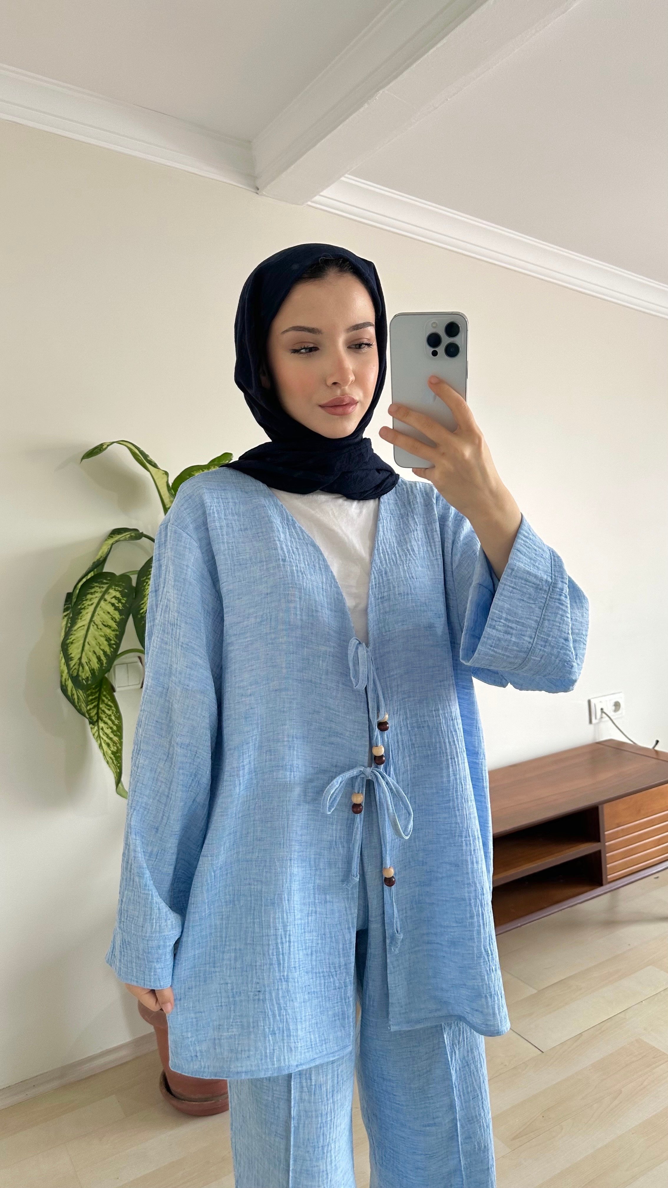 Müslin Önden Bağlamalı Kimono Takımı - Mavi