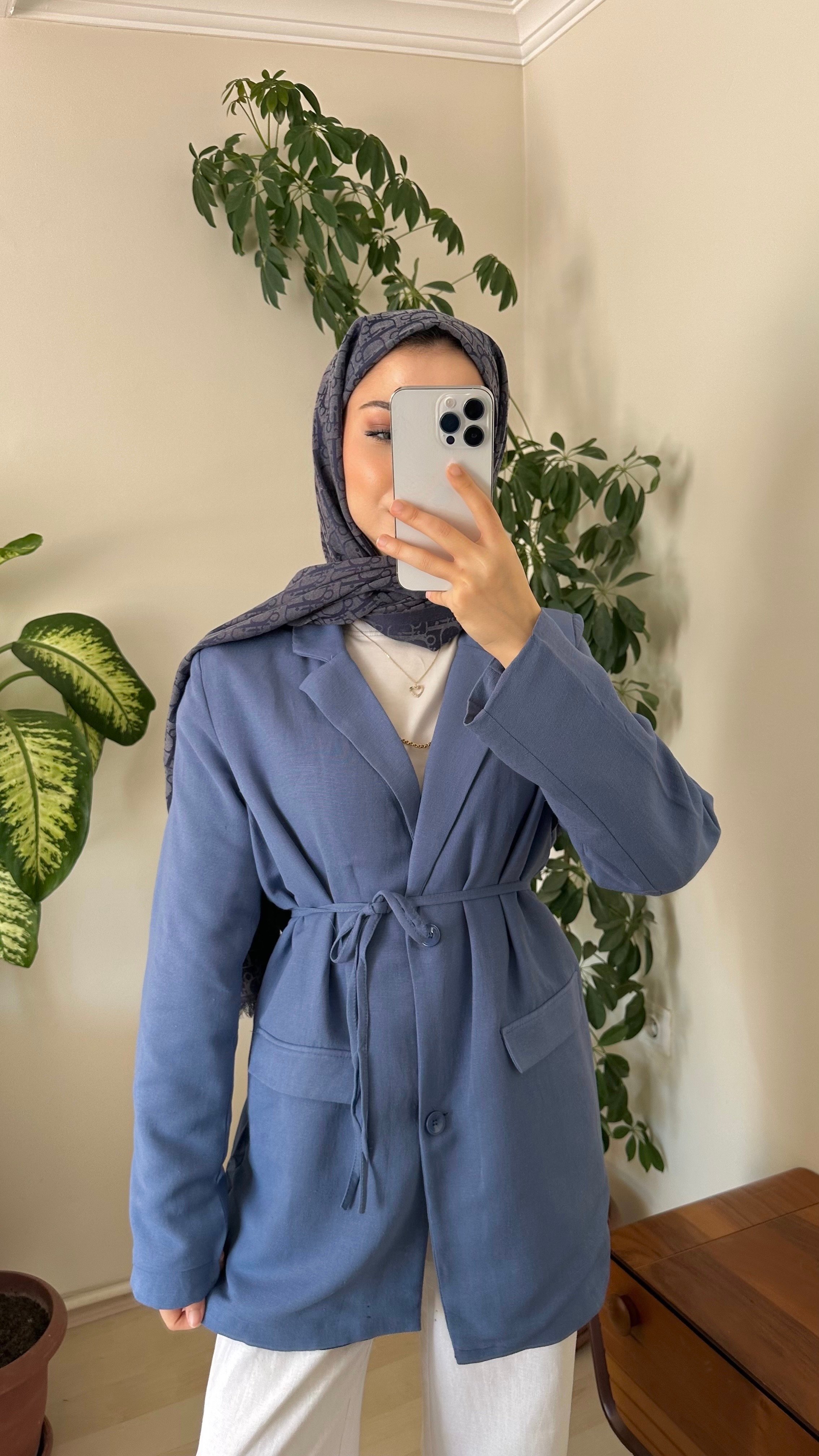 Keten blazer ceket  - Mavi